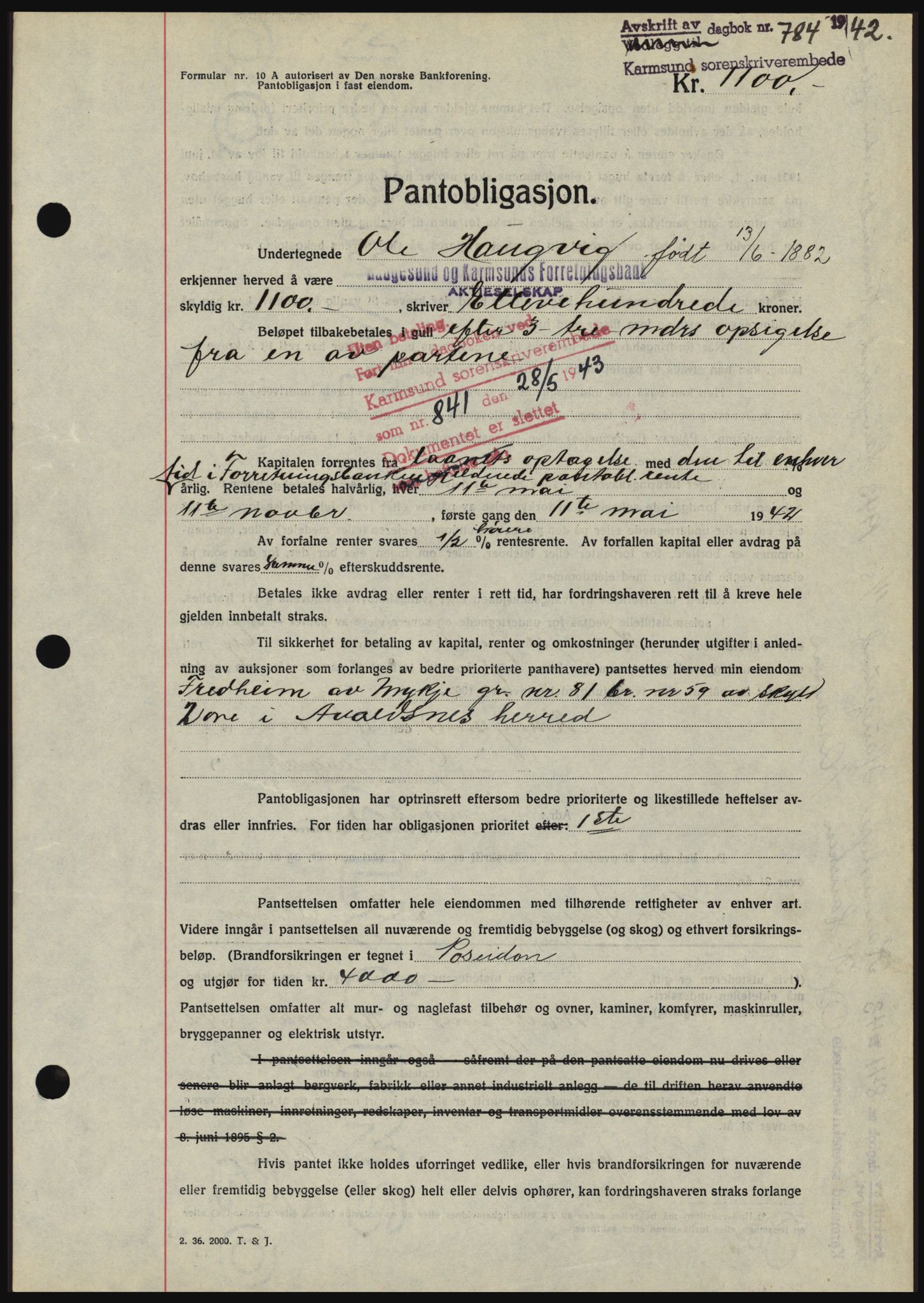 Karmsund sorenskriveri, SAST/A-100311/01/II/IIBBE/L0008: Pantebok nr. B 54, 1942-1943, Dagboknr: 784/1942