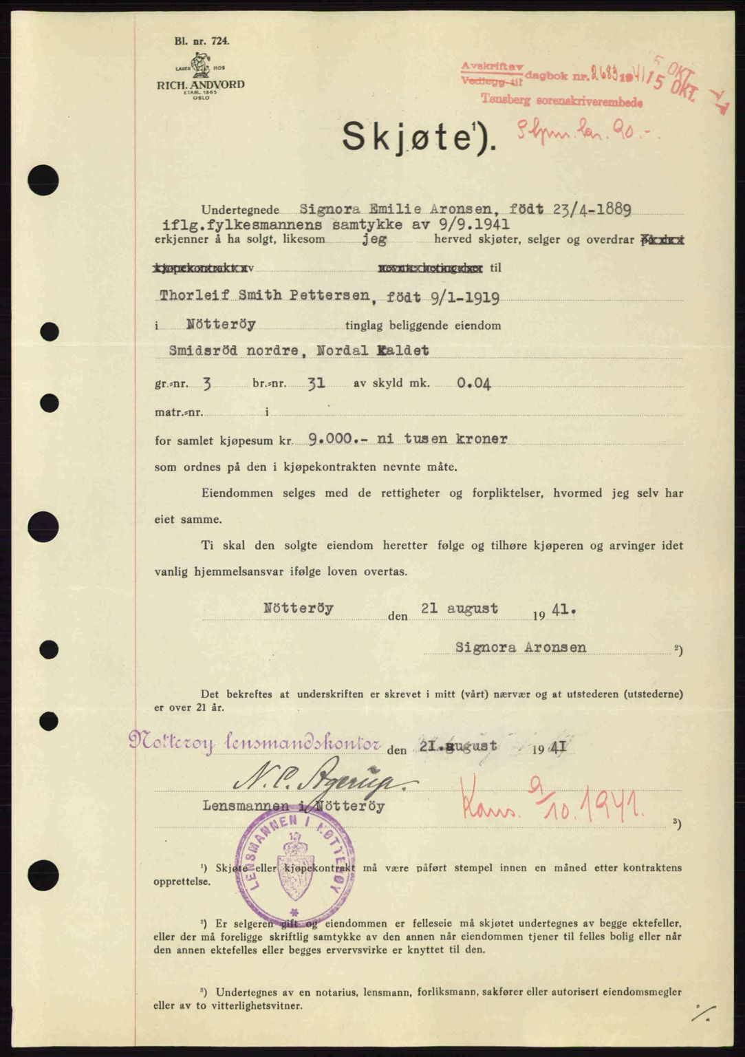 Tønsberg sorenskriveri, AV/SAKO-A-130/G/Ga/Gaa/L0010: Pantebok nr. A10, 1941-1941, Dagboknr: 2683/1941