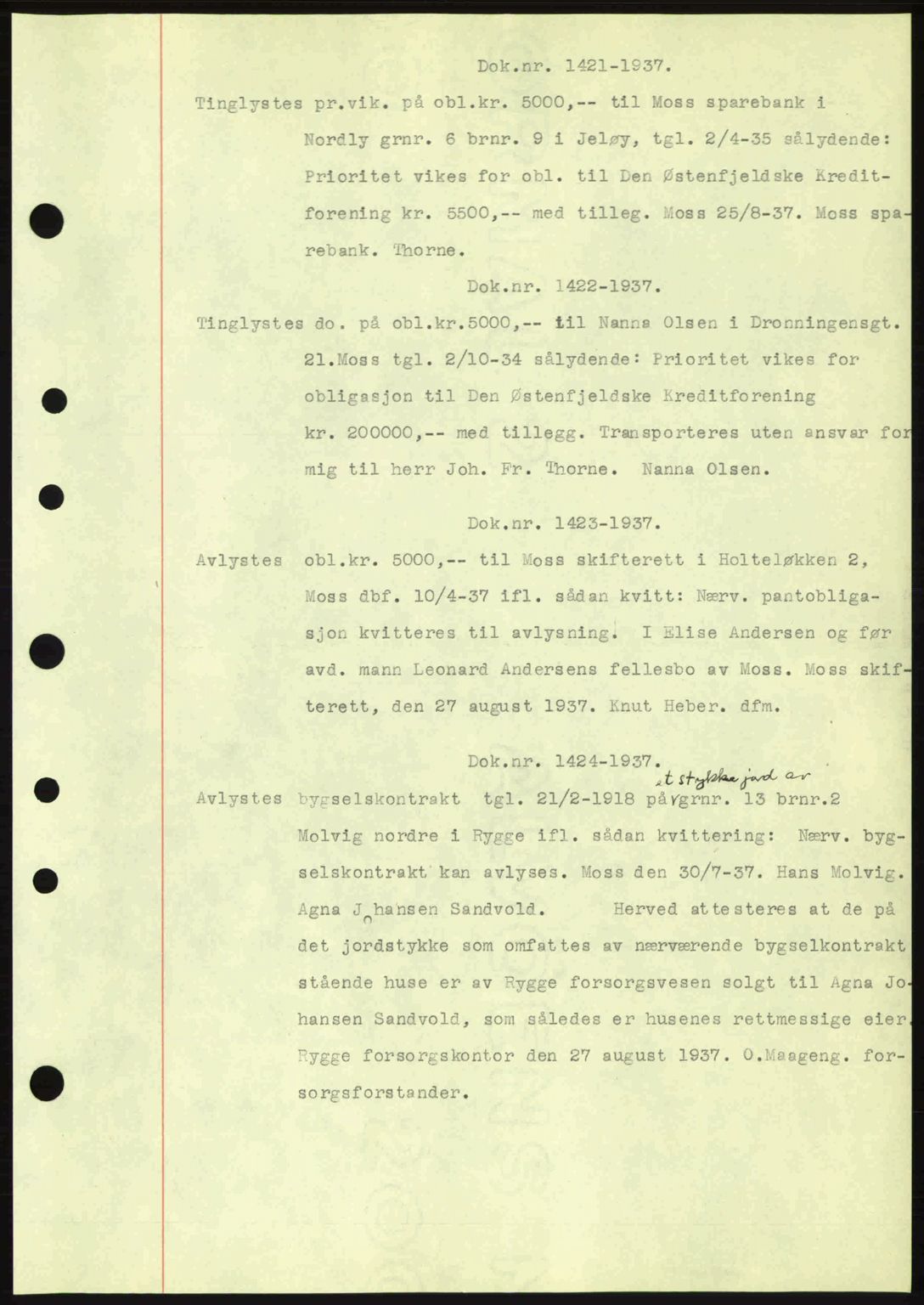 Moss sorenskriveri, SAO/A-10168: Pantebok nr. B4, 1937-1938, Dagboknr: 1421/1937