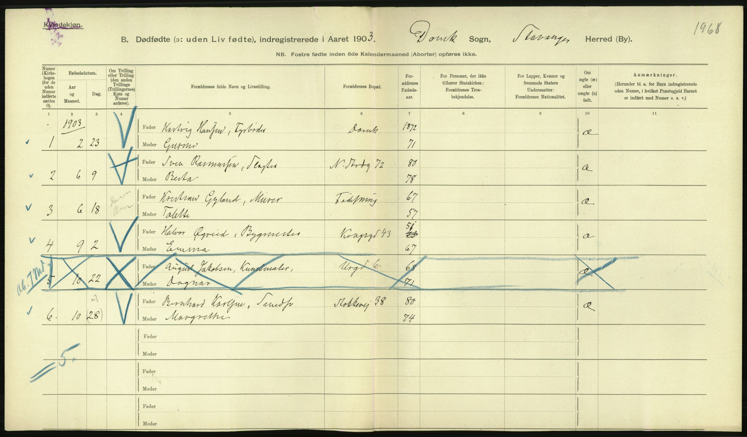 Statistisk sentralbyrå, Sosiodemografiske emner, Befolkning, RA/S-2228/D/Df/Dfa/Dfaa/L0026: Smålenenes - Finnmarkens amt: Dødfødte. Byer., 1903, s. 170