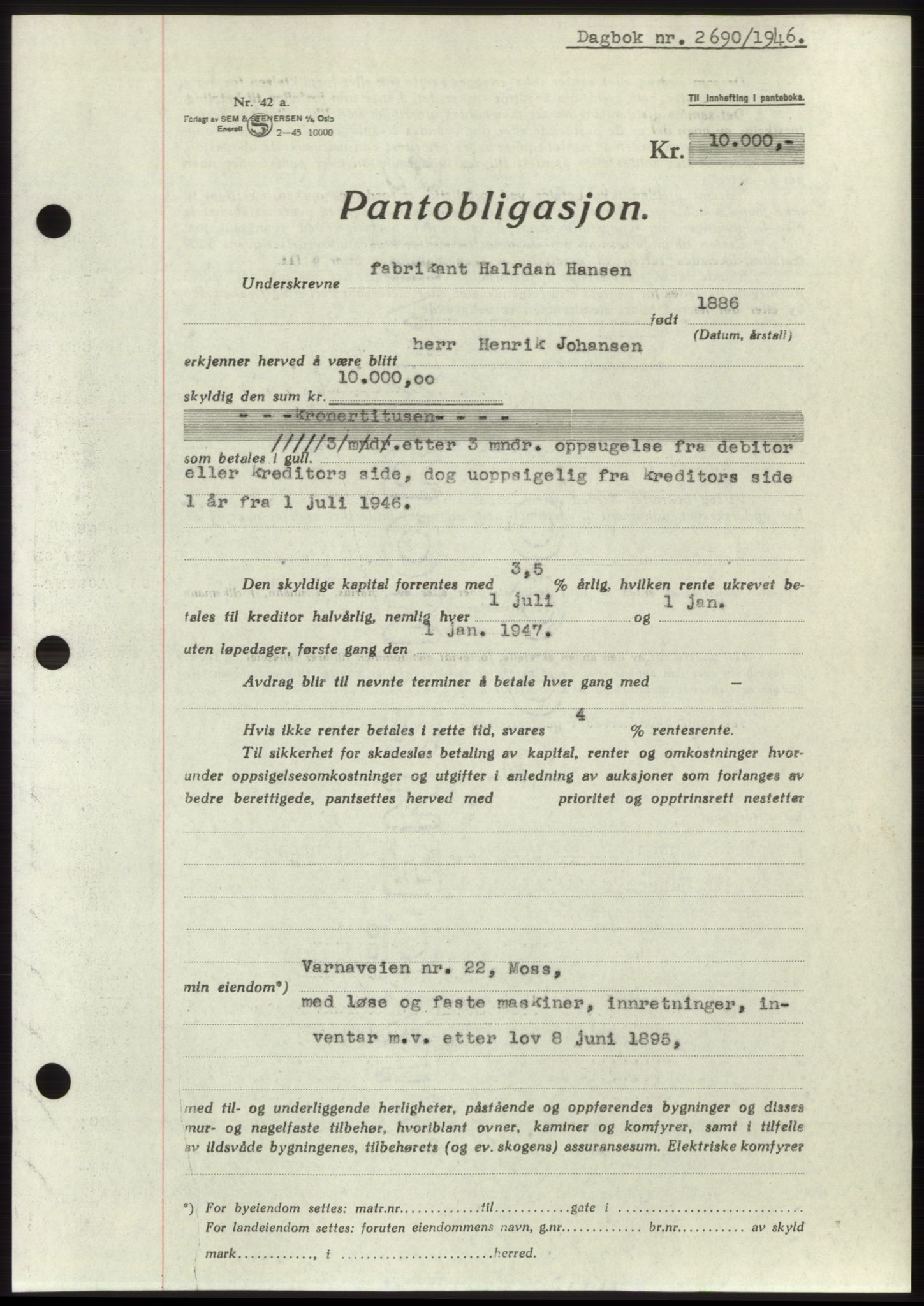 Moss sorenskriveri, SAO/A-10168: Pantebok nr. B16, 1946-1947, Dagboknr: 2690/1946