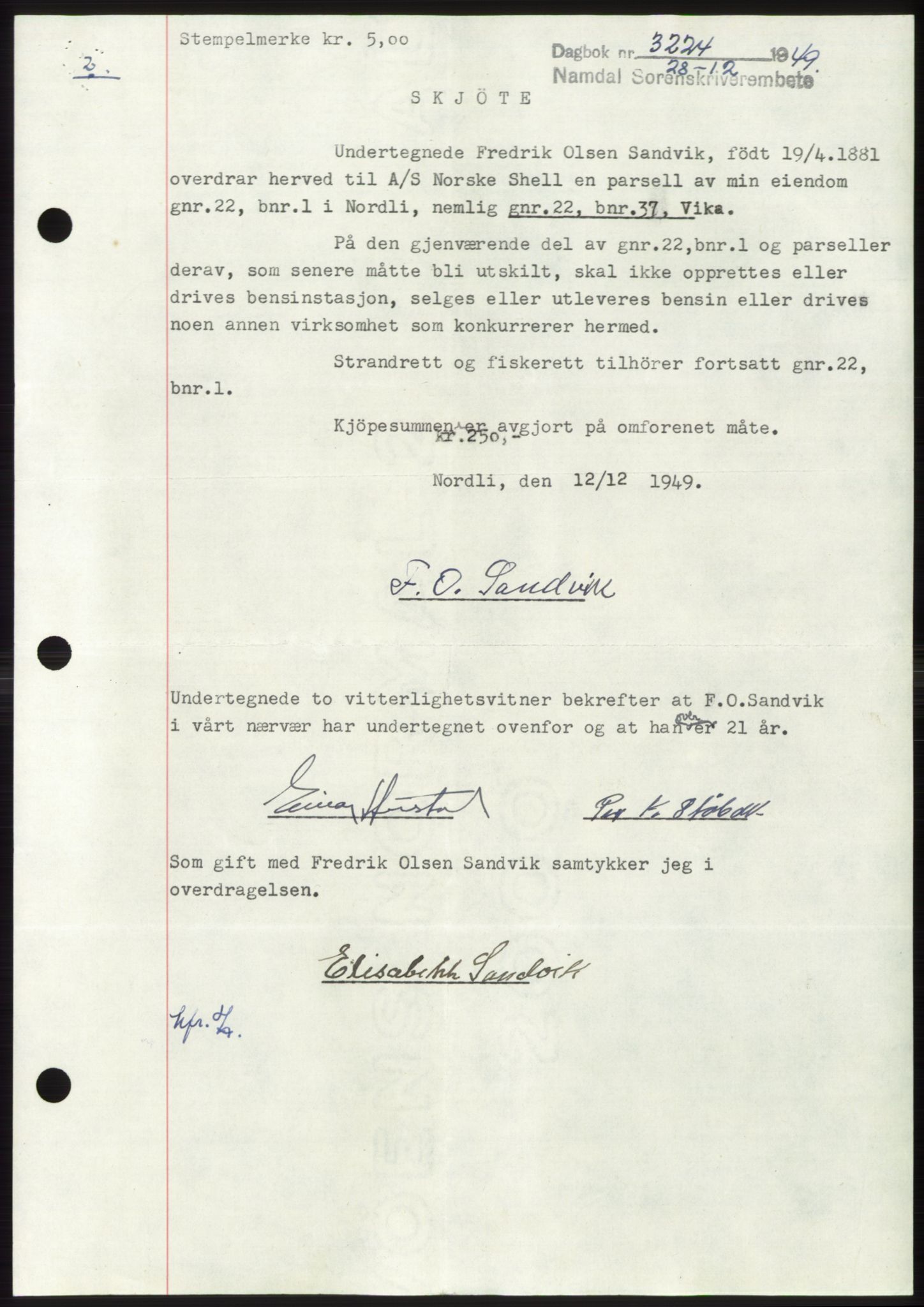 Namdal sorenskriveri, SAT/A-4133/1/2/2C: Pantebok nr. -, 1949-1949, Dagboknr: 3224/1949