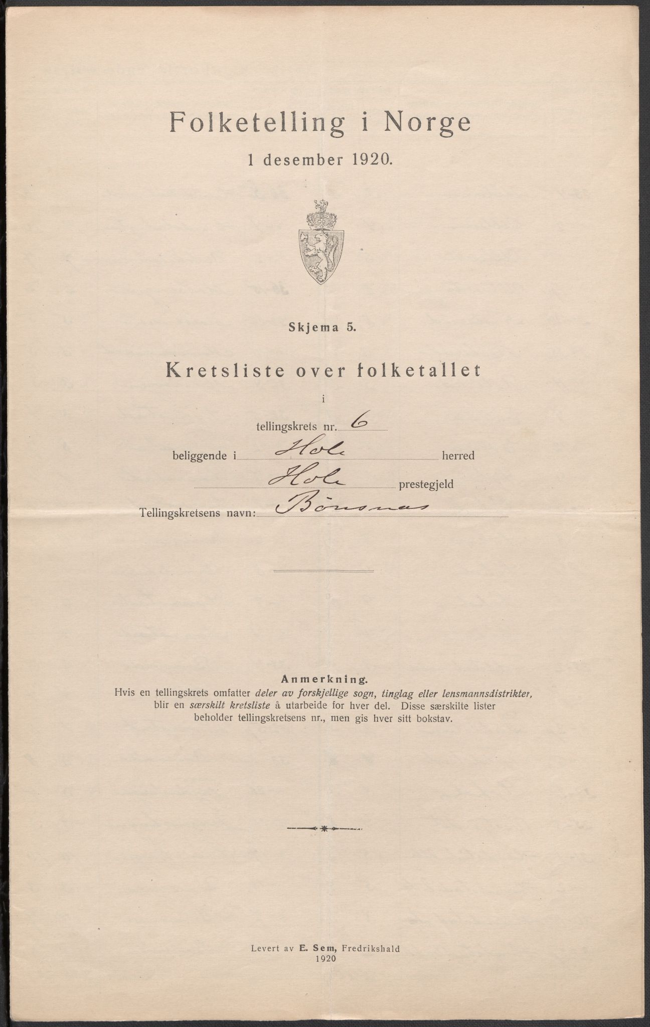 SAKO, Folketelling 1920 for 0612 Hole herred, 1920, s. 22