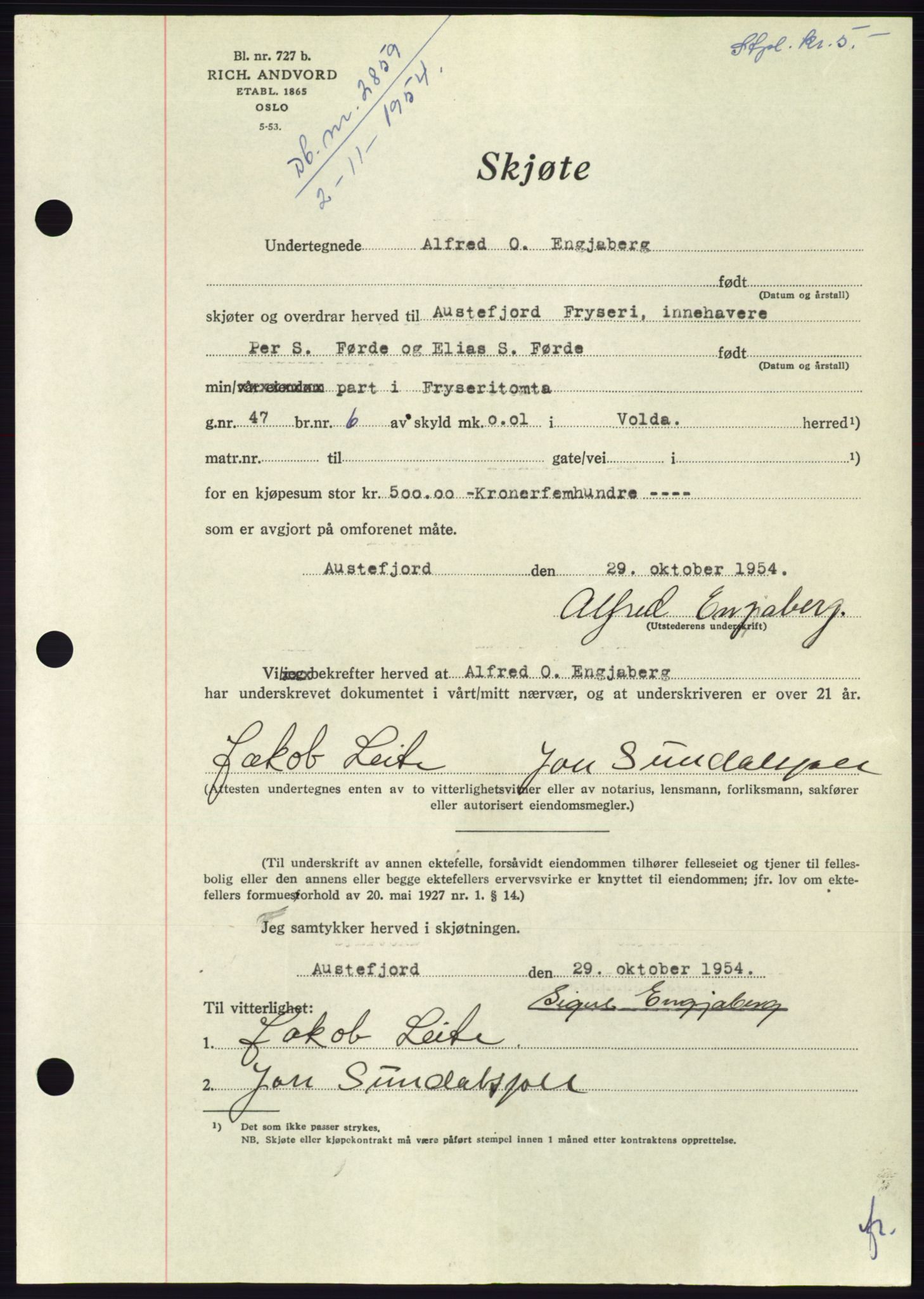 Søre Sunnmøre sorenskriveri, AV/SAT-A-4122/1/2/2C/L0099: Pantebok nr. 25A, 1954-1954, Dagboknr: 2859/1954