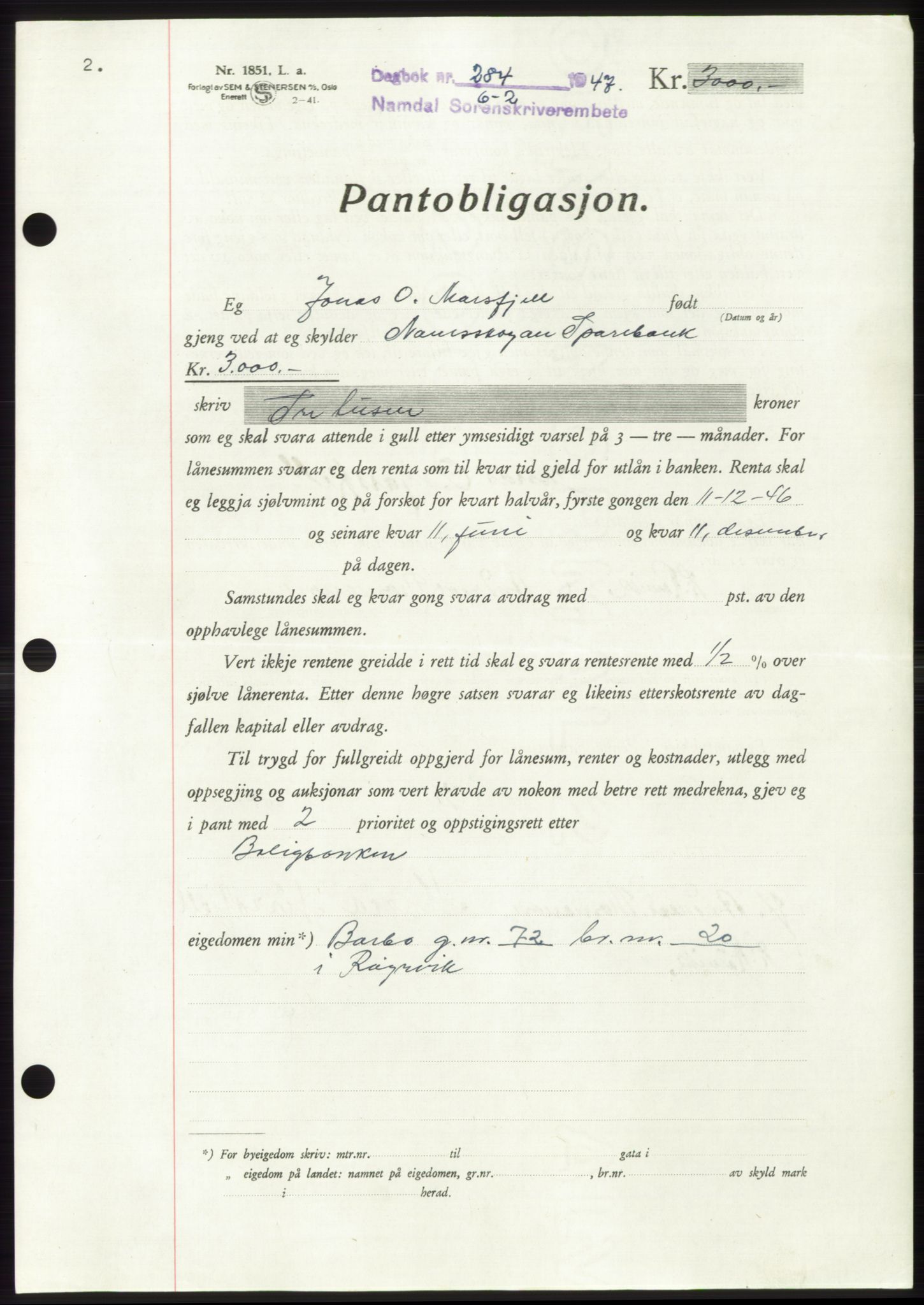 Namdal sorenskriveri, SAT/A-4133/1/2/2C: Pantebok nr. -, 1946-1947, Dagboknr: 284/1947