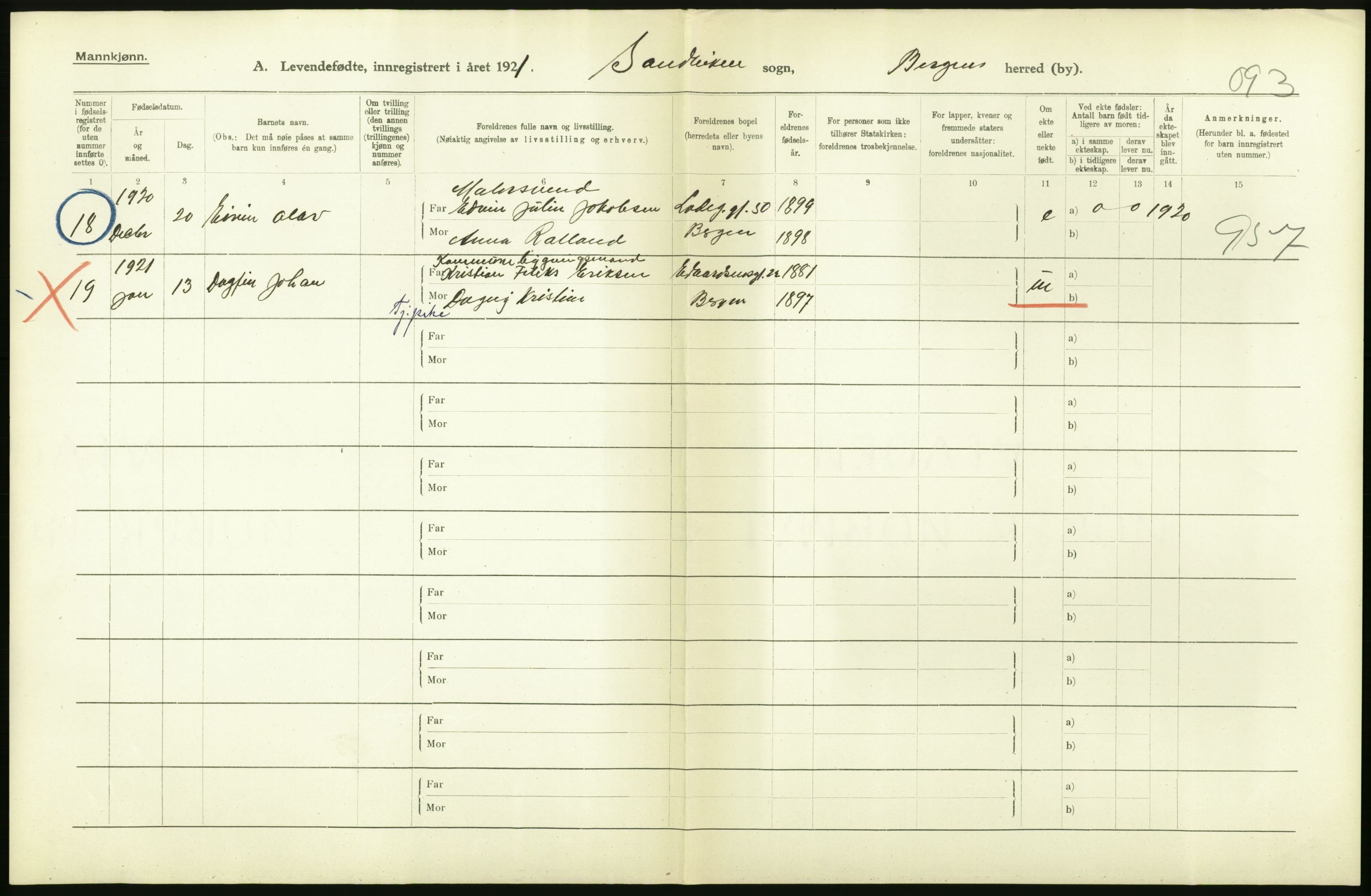 Statistisk sentralbyrå, Sosiodemografiske emner, Befolkning, AV/RA-S-2228/D/Df/Dfc/Dfca/L0034: Bergen: Levendefødte menn og kvinner., 1921, s. 6
