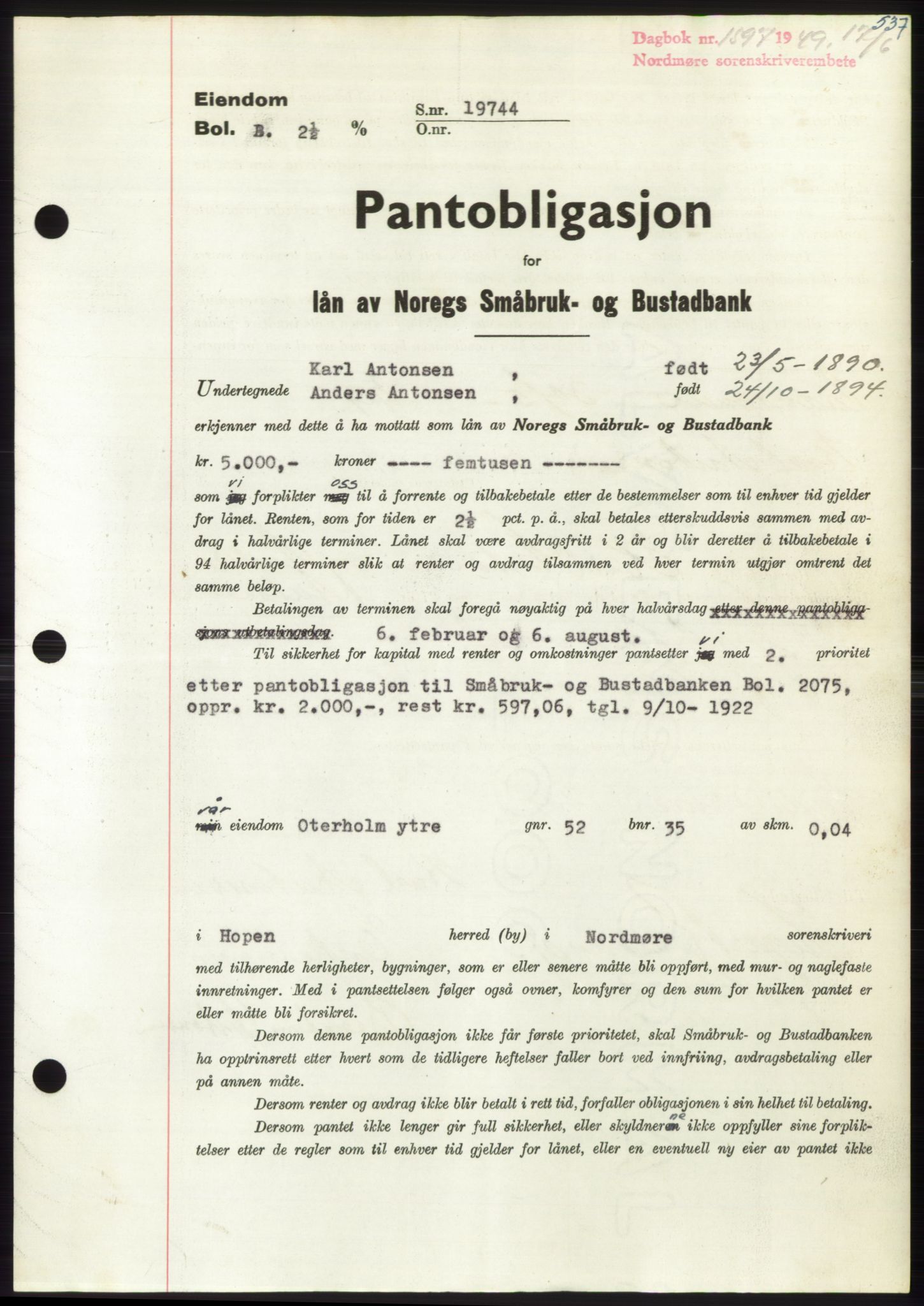 Nordmøre sorenskriveri, SAT/A-4132/1/2/2Ca: Pantebok nr. B101, 1949-1949, Dagboknr: 1597/1949