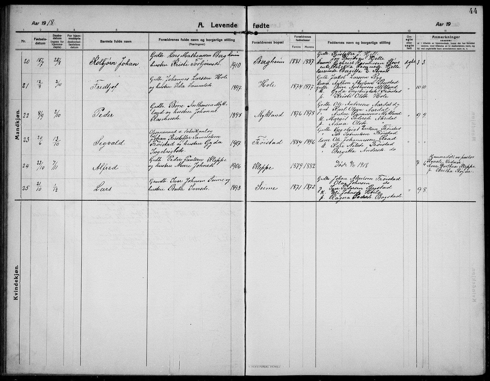 Gloppen sokneprestembete, AV/SAB-A-80101/H/Hab/Habc/L0003: Klokkerbok nr. C 3, 1911-1938, s. 44