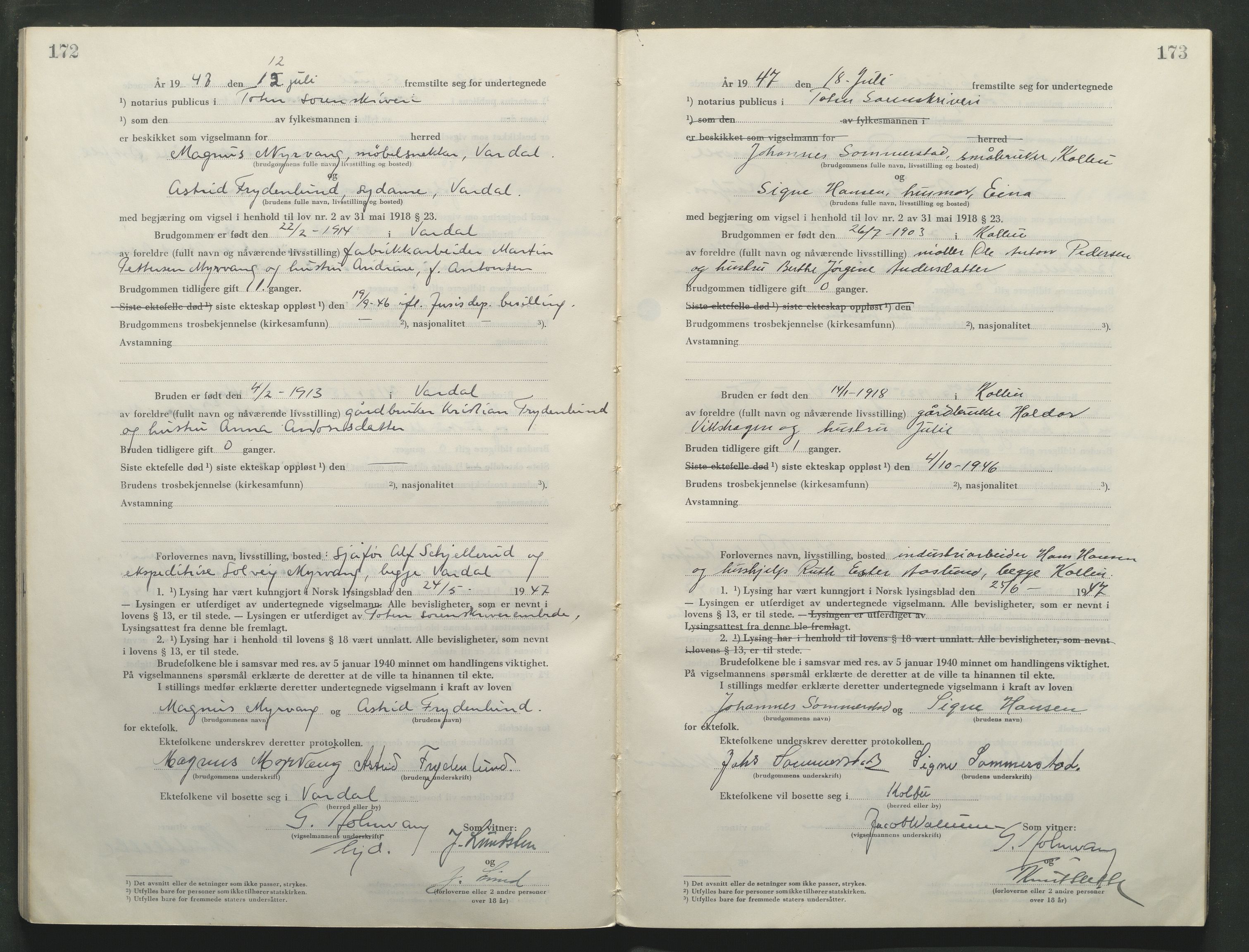 Toten tingrett, AV/SAH-TING-006/L/Lc/L0005: Vigselbok, 1944-1948, s. 172-173