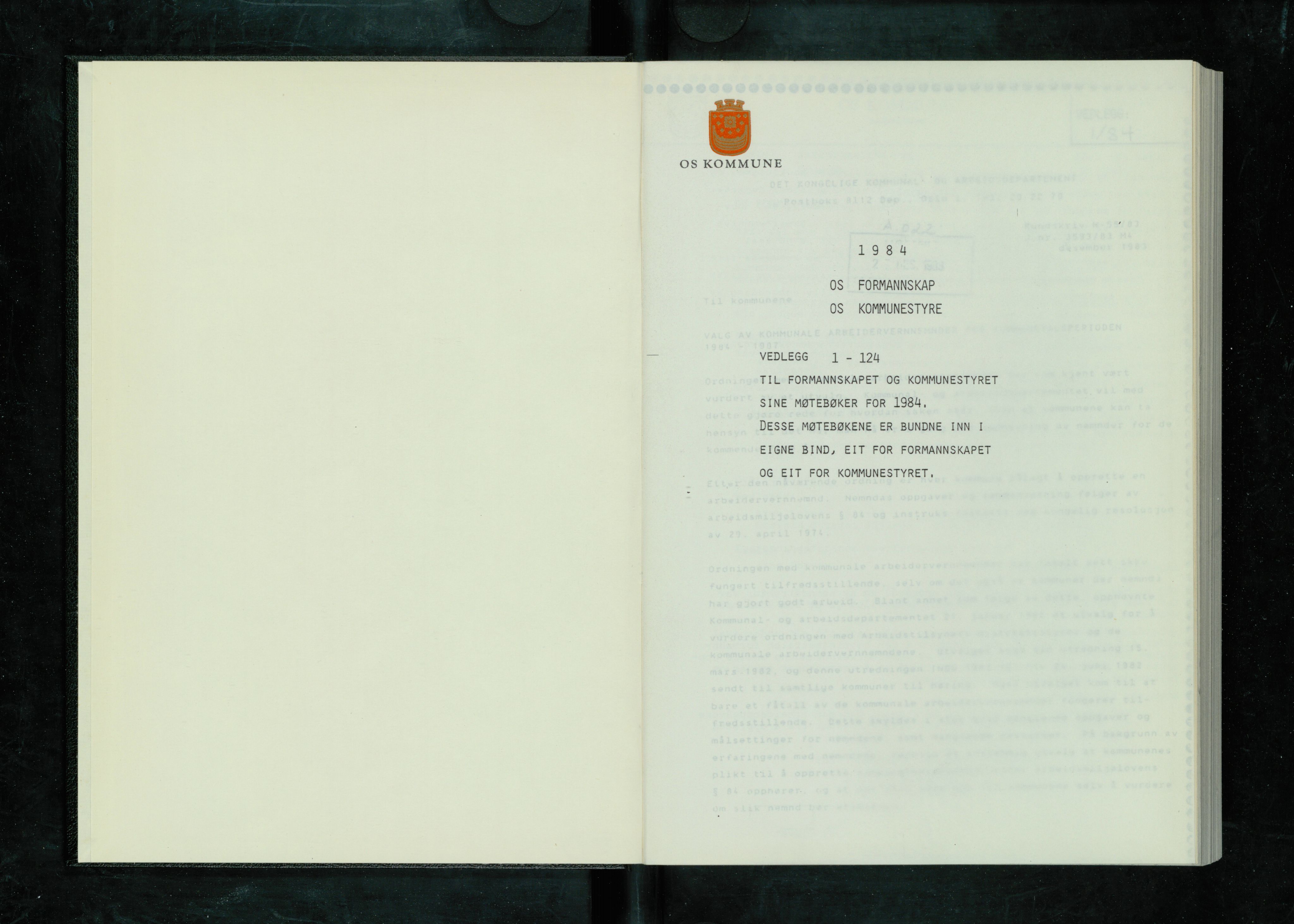 Os kommune. Formannskapet, IKAH/1243-021/A/Ad/L0056: Protokoll over saksvedlegg til møtebøker for formannskapet og kommunestyret. Vedlegg 1-124, 1984