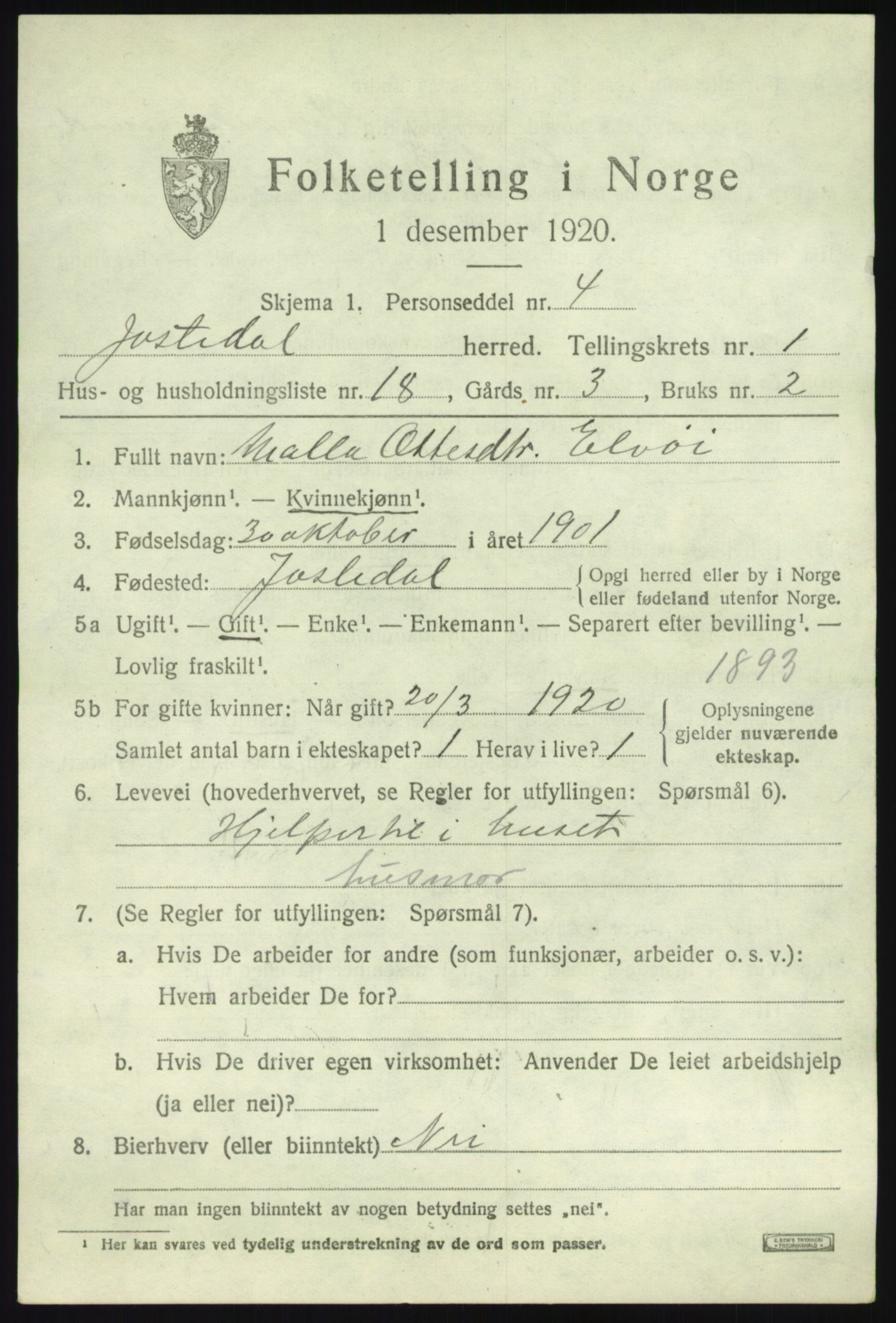 SAB, Folketelling 1920 for 1427 Jostedal herred, 1920, s. 564