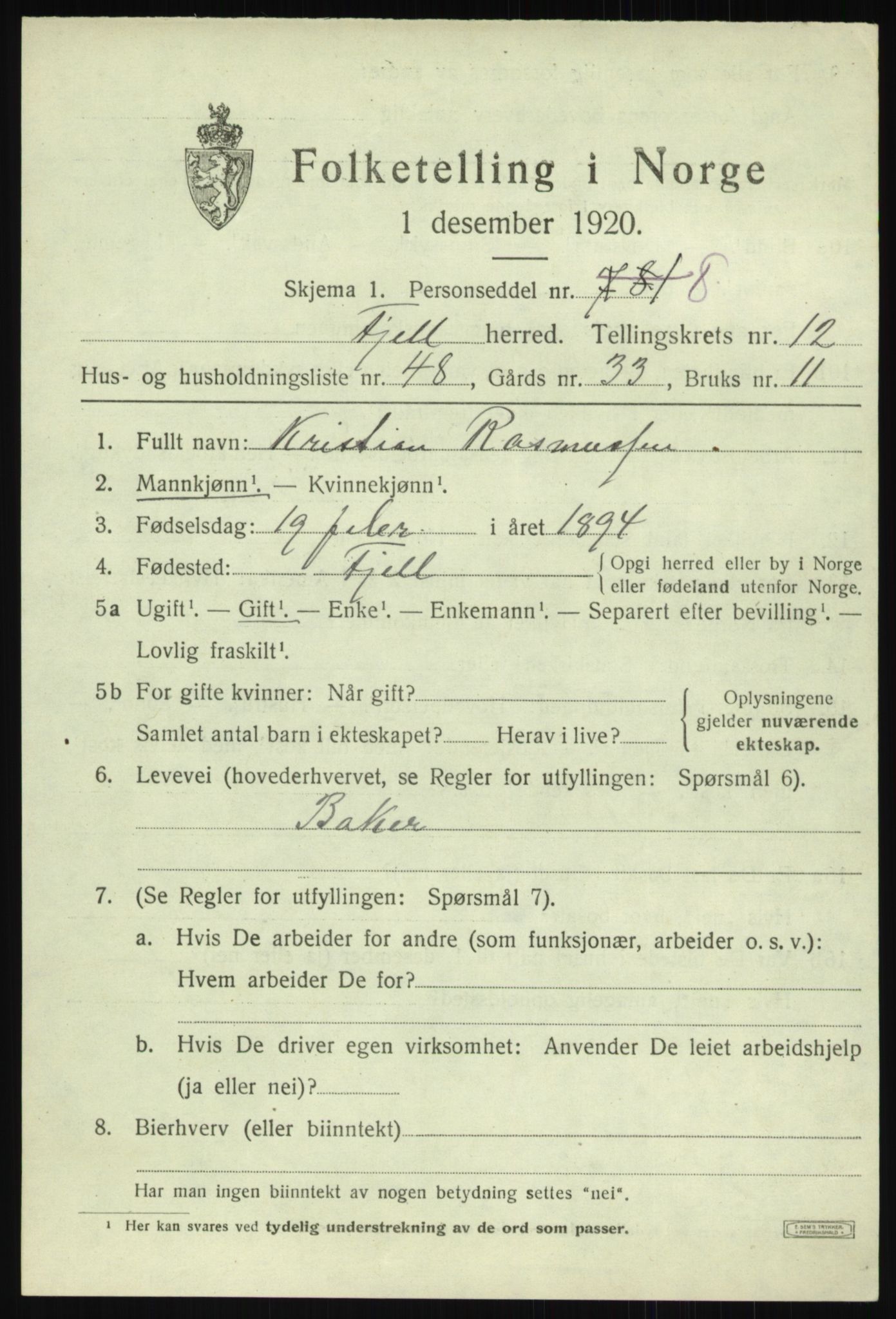 SAB, Folketelling 1920 for 1246 Fjell herred, 1920, s. 11396