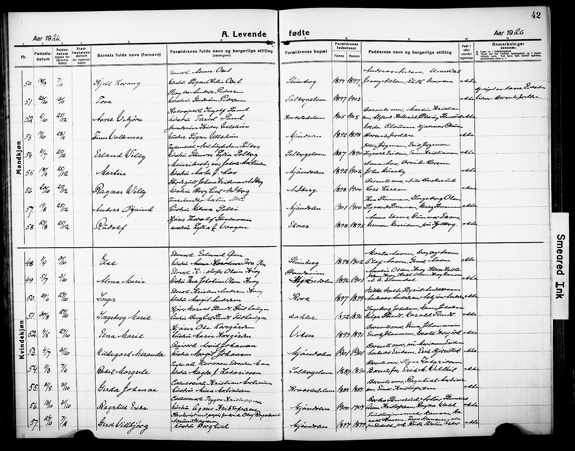 Nedre Eiker kirkebøker, AV/SAKO-A-612/G/Ga/L0006: Klokkerbok nr. 6, 1922-1933, s. 42