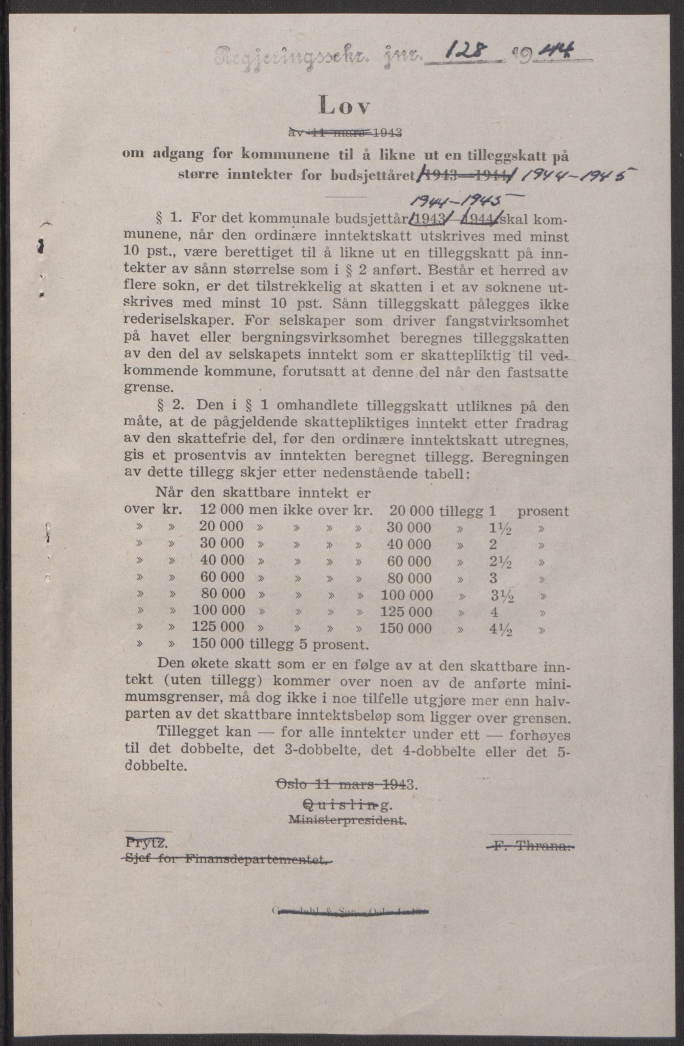 NS-administrasjonen 1940-1945 (Statsrådsekretariatet, de kommisariske statsråder mm), AV/RA-S-4279/D/Db/L0100: Lover, 1944, s. 237