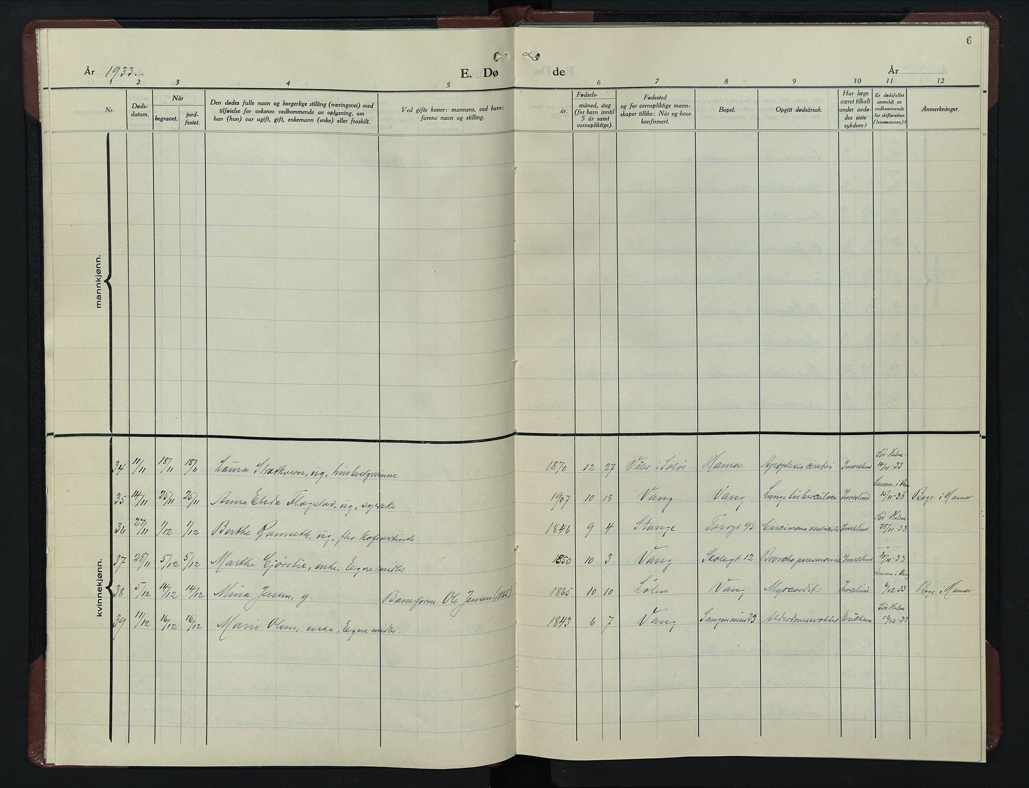 Hamar prestekontor, AV/SAH-DOMPH-002/H/Ha/Hab/L0007: Klokkerbok nr. 7, 1933-1950, s. 6