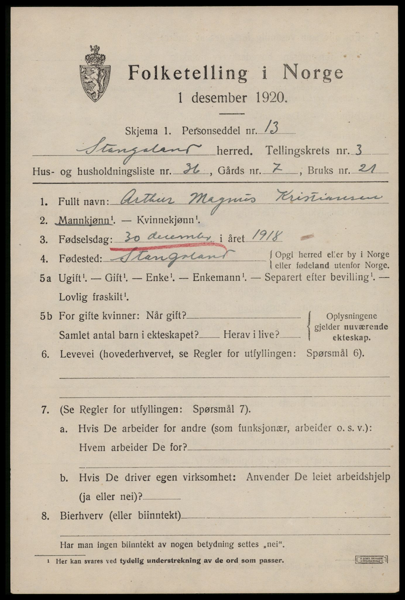 SAST, Folketelling 1920 for 1148 Stangaland herred, 1920, s. 2739
