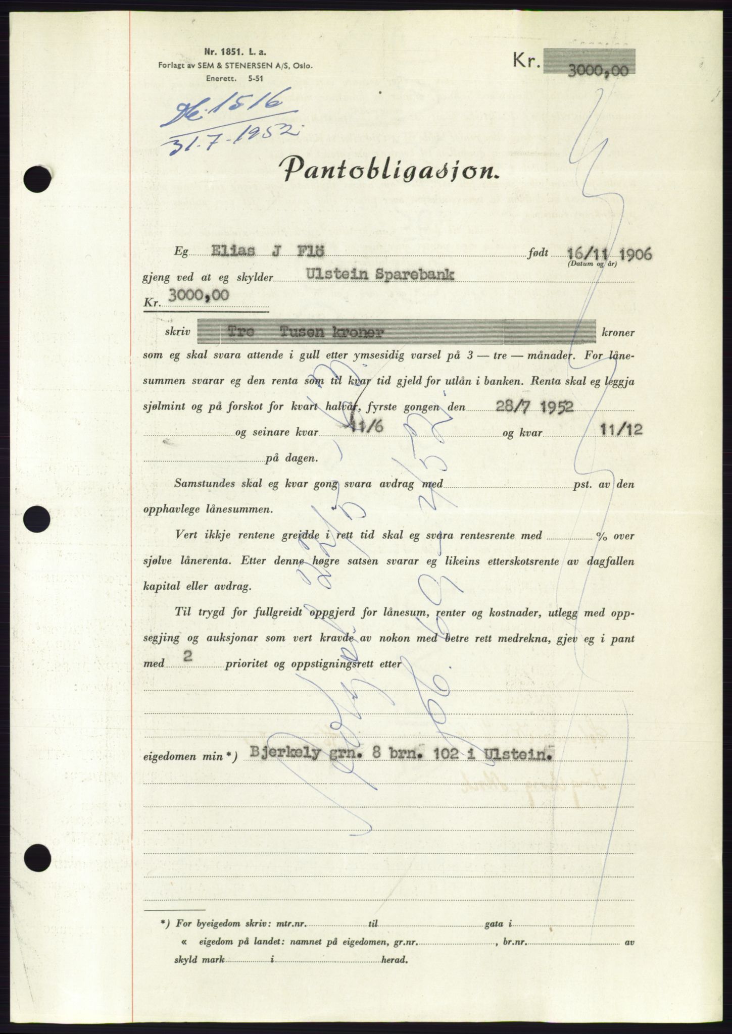 Søre Sunnmøre sorenskriveri, AV/SAT-A-4122/1/2/2C/L0121: Pantebok nr. 9B, 1951-1952, Dagboknr: 1516/1952