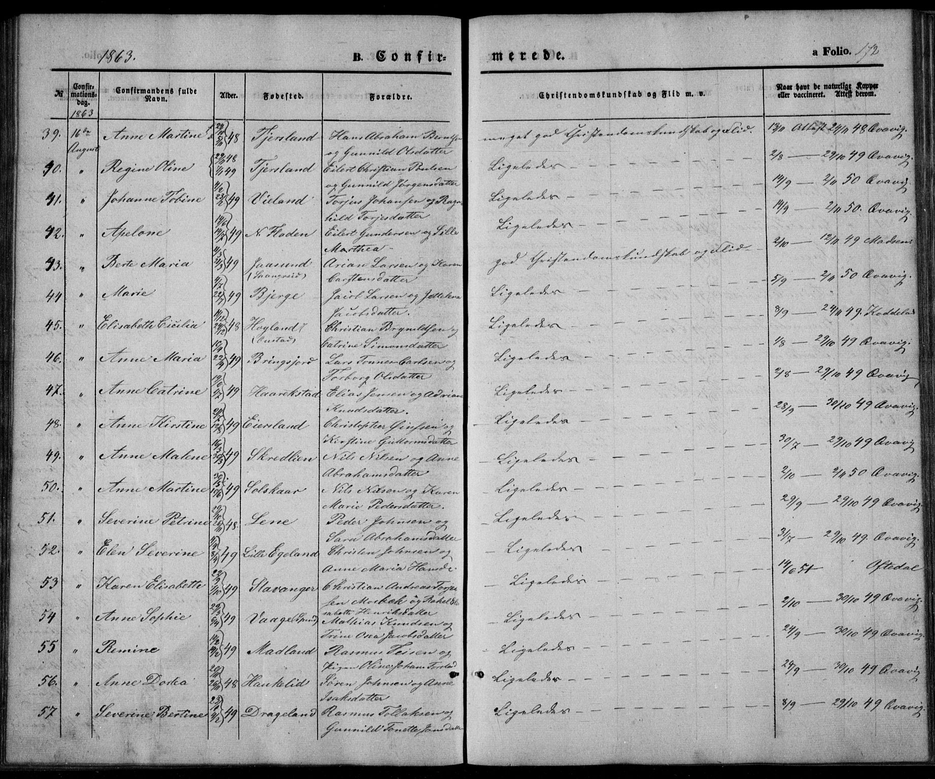 Lyngdal sokneprestkontor, AV/SAK-1111-0029/F/Fa/Fac/L0009: Ministerialbok nr. A 9, 1852-1864, s. 172