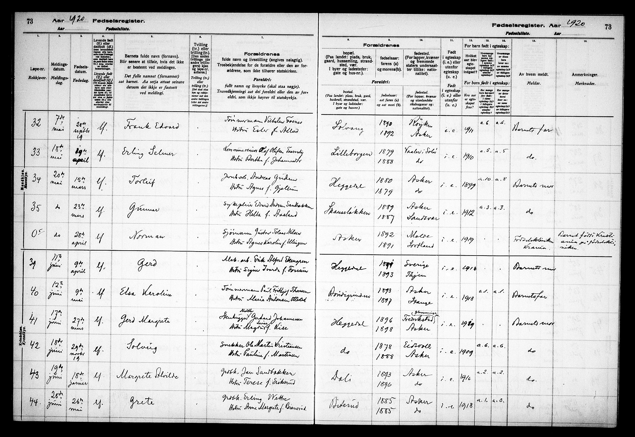 Asker prestekontor Kirkebøker, AV/SAO-A-10256a/J/L0001: Fødselsregister nr. 1, 1916-1925, s. 73