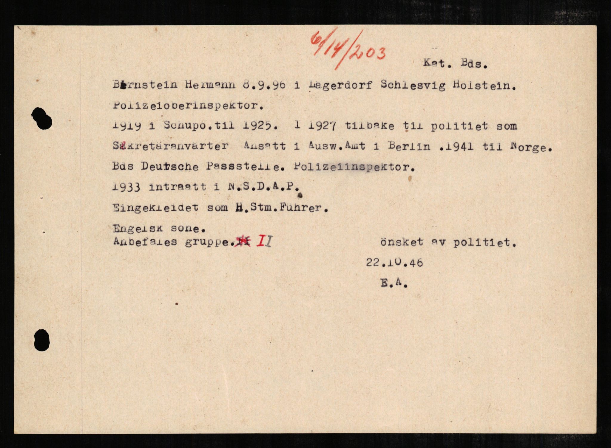 Forsvaret, Forsvarets overkommando II, RA/RAFA-3915/D/Db/L0003: CI Questionaires. Tyske okkupasjonsstyrker i Norge. Tyskere., 1945-1946, s. 194