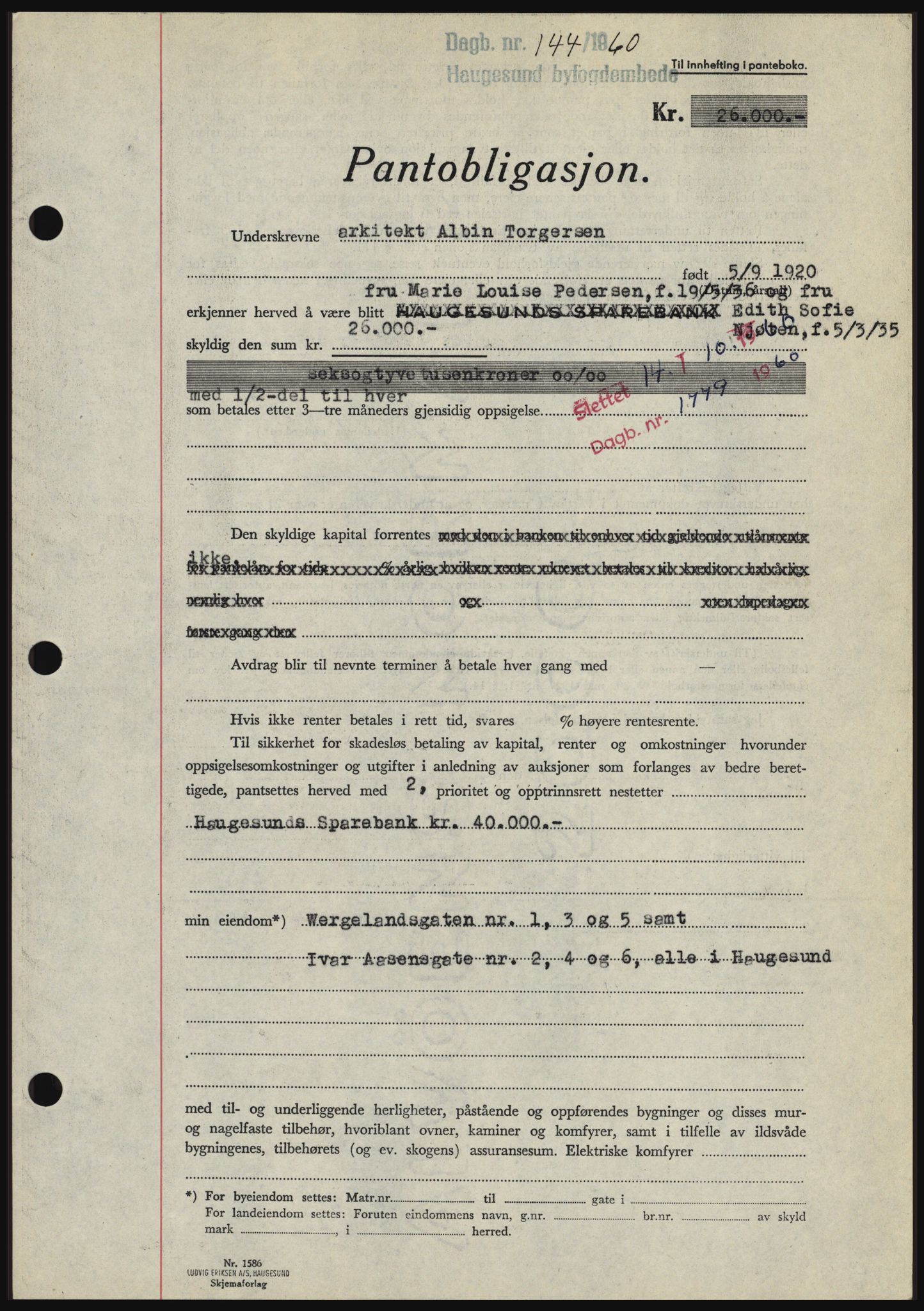 Haugesund tingrett, SAST/A-101415/01/II/IIC/L0046: Pantebok nr. B 46, 1960-1960, Dagboknr: 144/1960