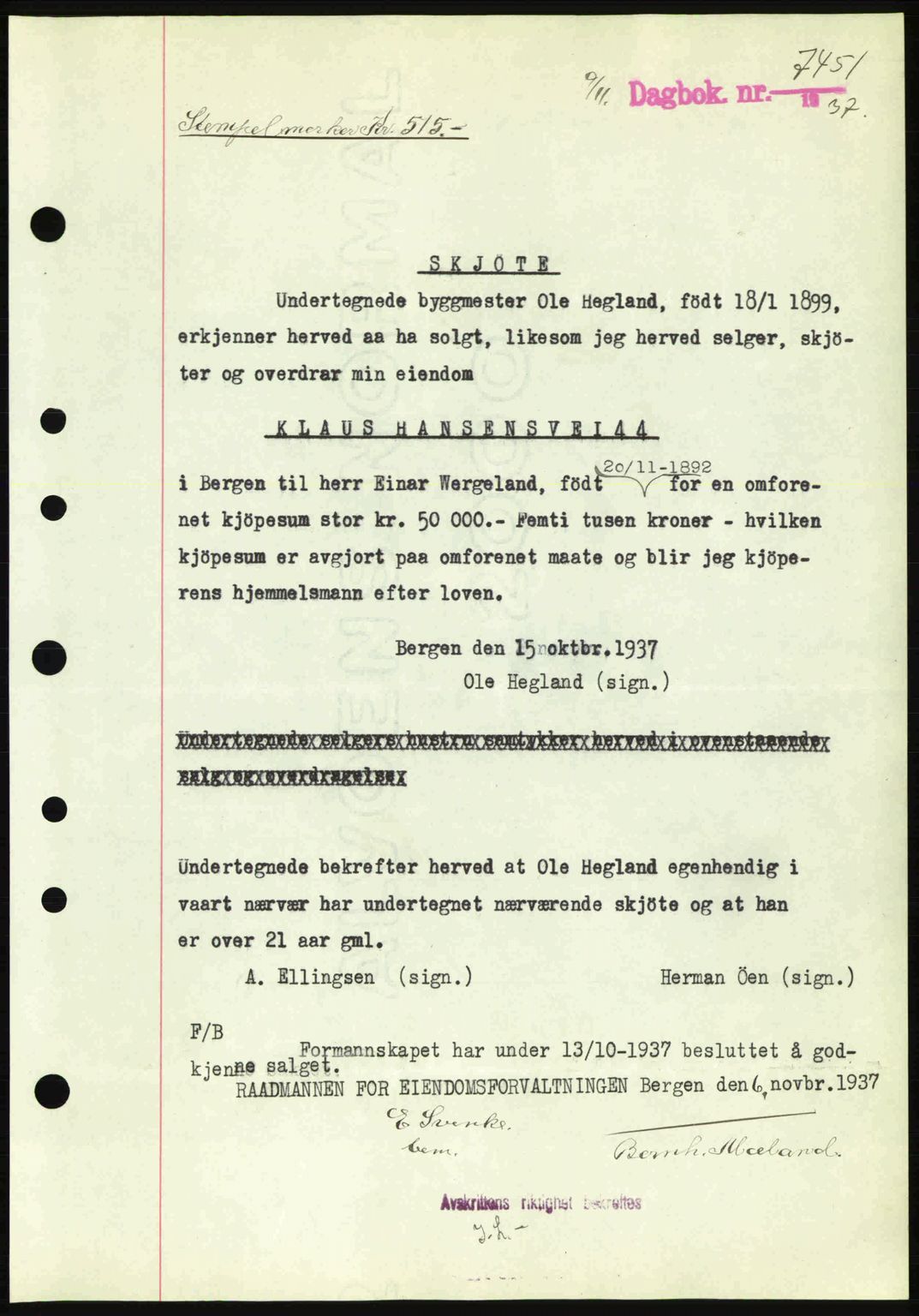 Byfogd og Byskriver i Bergen, SAB/A-3401/03/03Bc/L0006: Pantebok nr. A5, 1937-1938, Dagboknr: 7451/1937