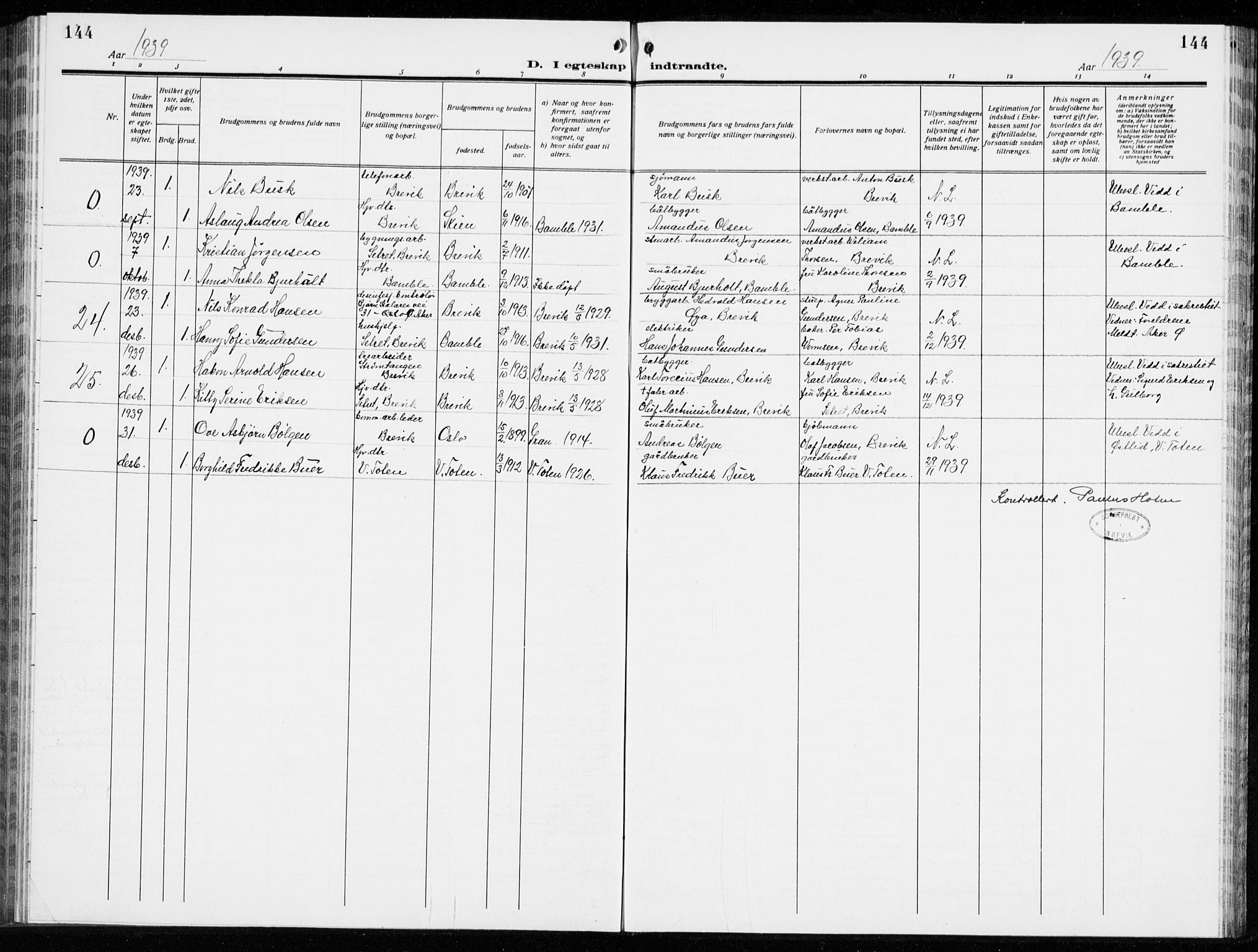 Brevik kirkebøker, AV/SAKO-A-255/G/Ga/L0006: Klokkerbok nr. 6, 1922-1940, s. 144