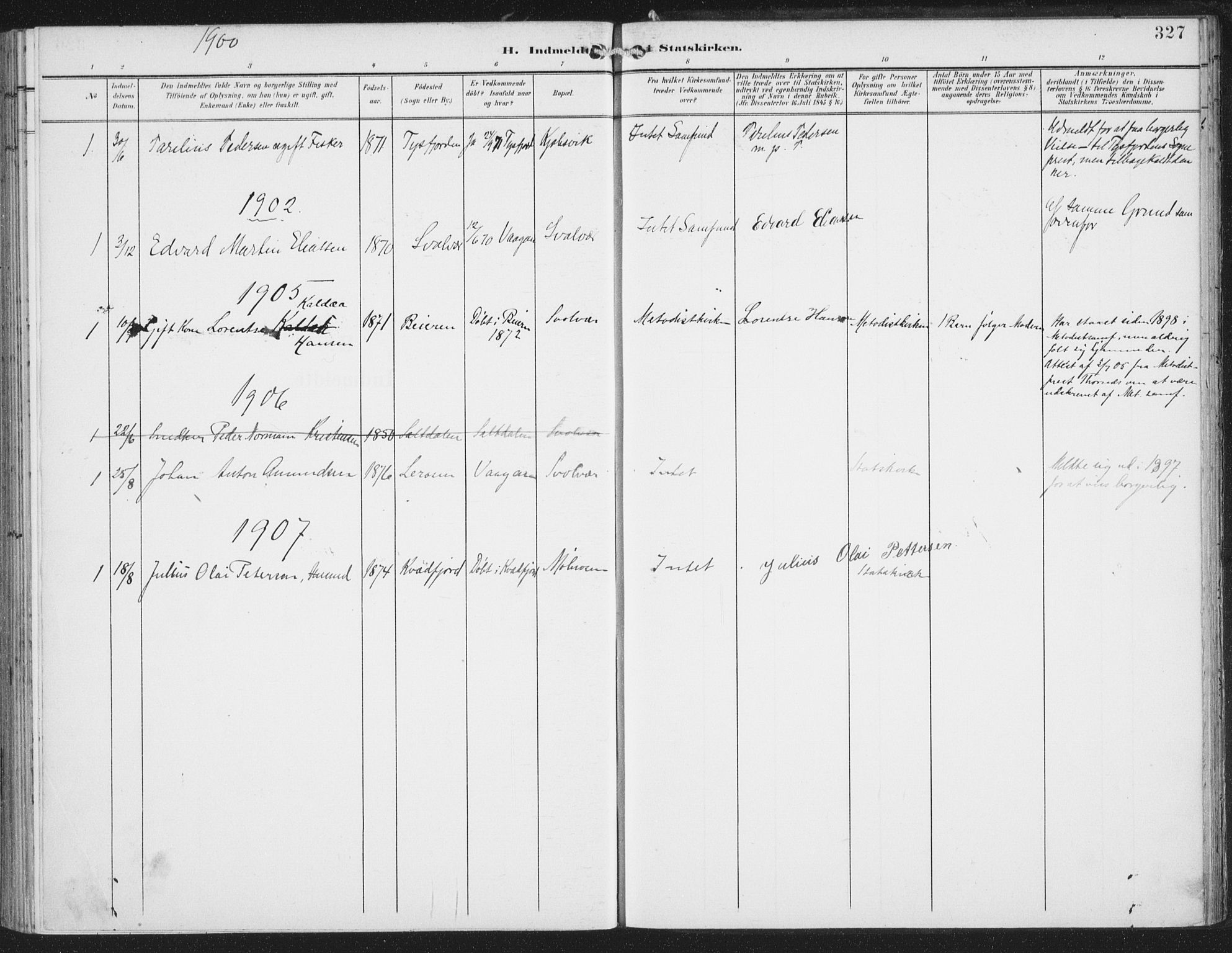 Ministerialprotokoller, klokkerbøker og fødselsregistre - Nordland, SAT/A-1459/874/L1062: Ministerialbok nr. 874A06, 1899-1907, s. 327