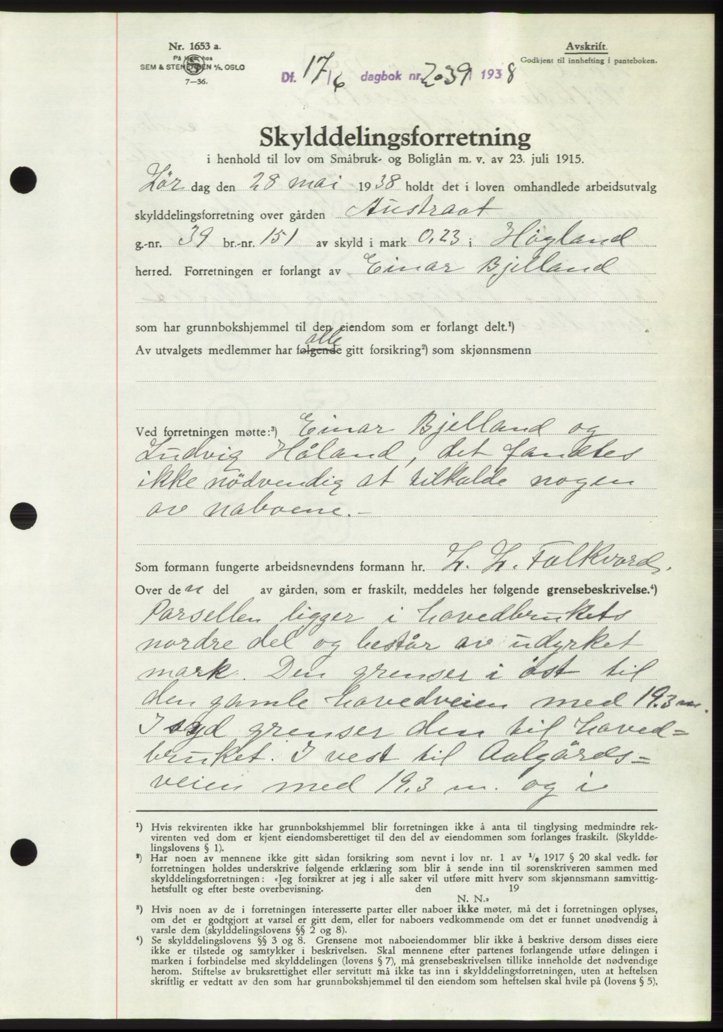 Jæren sorenskriveri, SAST/A-100310/03/G/Gba/L0071: Pantebok, 1938-1938, Dagboknr: 2039/1938