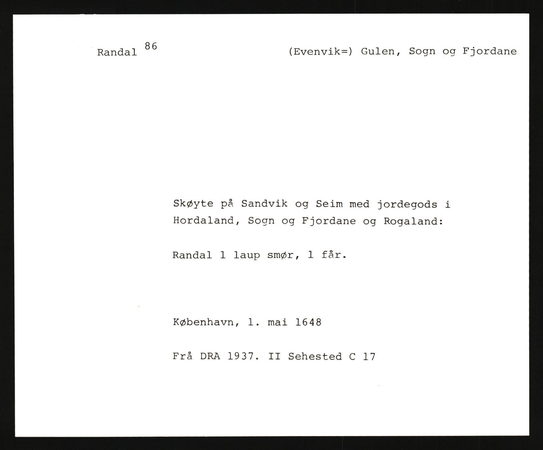 Riksarkivets diplomsamling, AV/RA-EA-5965/F35/F35e/L0030: Registreringssedler Sogn og Fjordane, 1400-1700, s. 321