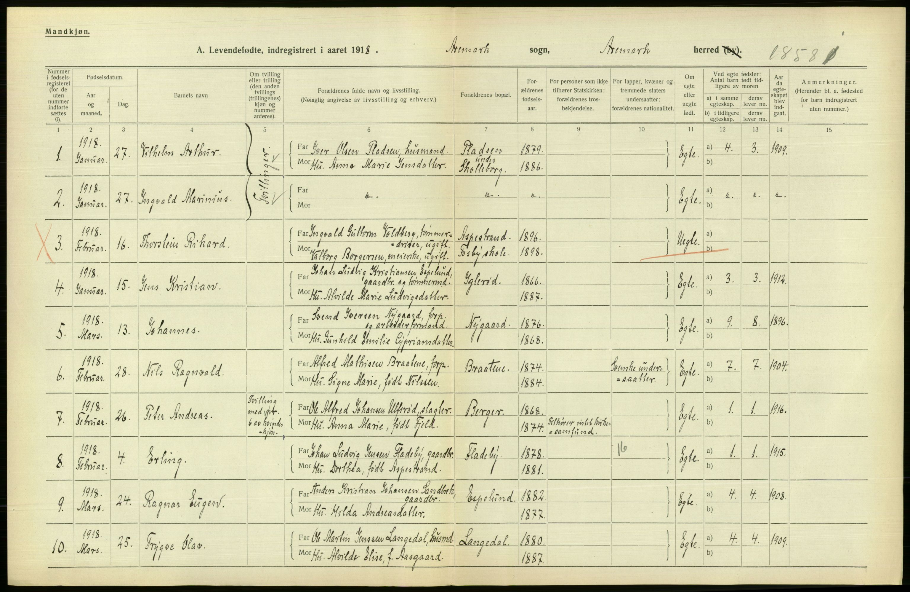 Statistisk sentralbyrå, Sosiodemografiske emner, Befolkning, RA/S-2228/D/Df/Dfb/Dfbh/L0001: Østfold fylke: Levendefødte menn og kvinner. Bygder., 1918, s. 230