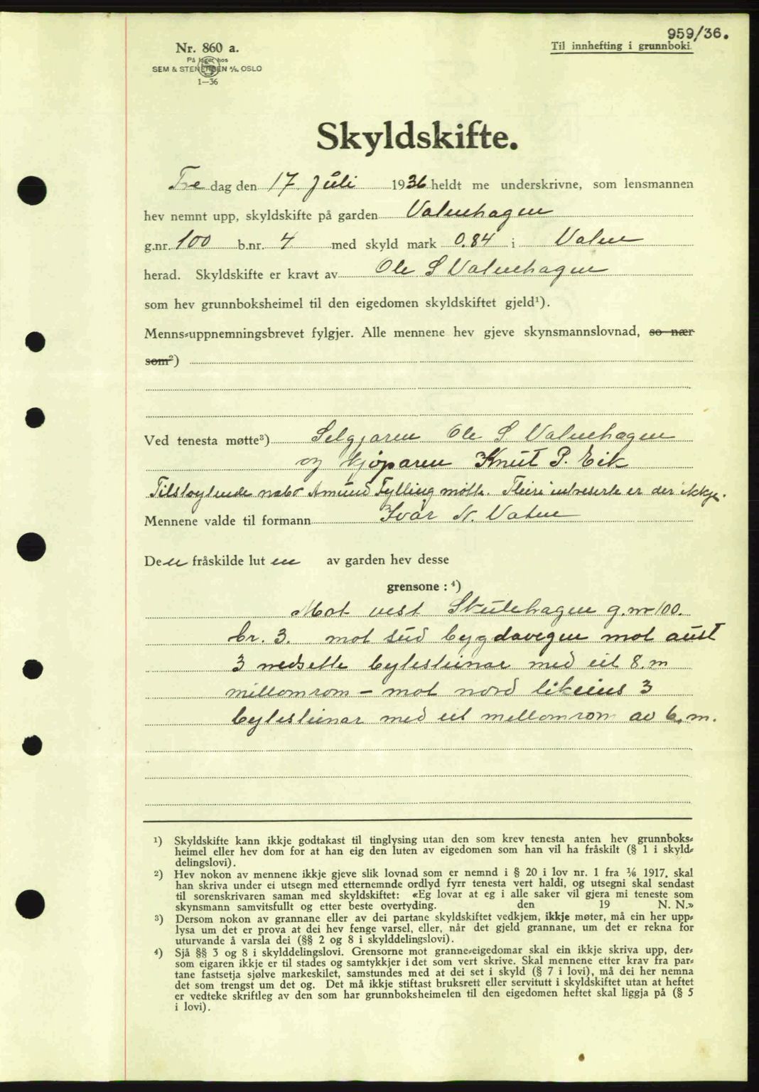 Nordre Sunnmøre sorenskriveri, AV/SAT-A-0006/1/2/2C/2Ca: Pantebok nr. A1, 1936-1936, Dagboknr: 959/1936