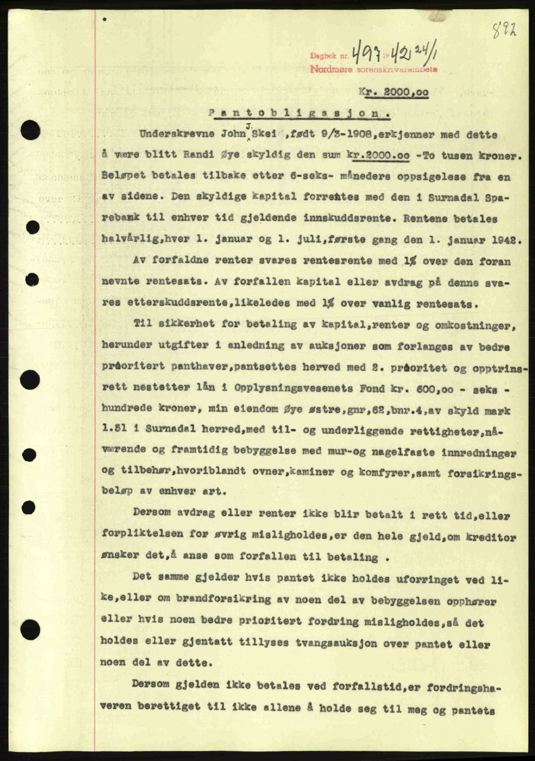 Nordmøre sorenskriveri, SAT/A-4132/1/2/2Ca: Pantebok nr. B88, 1941-1942, Dagboknr: 497/1942