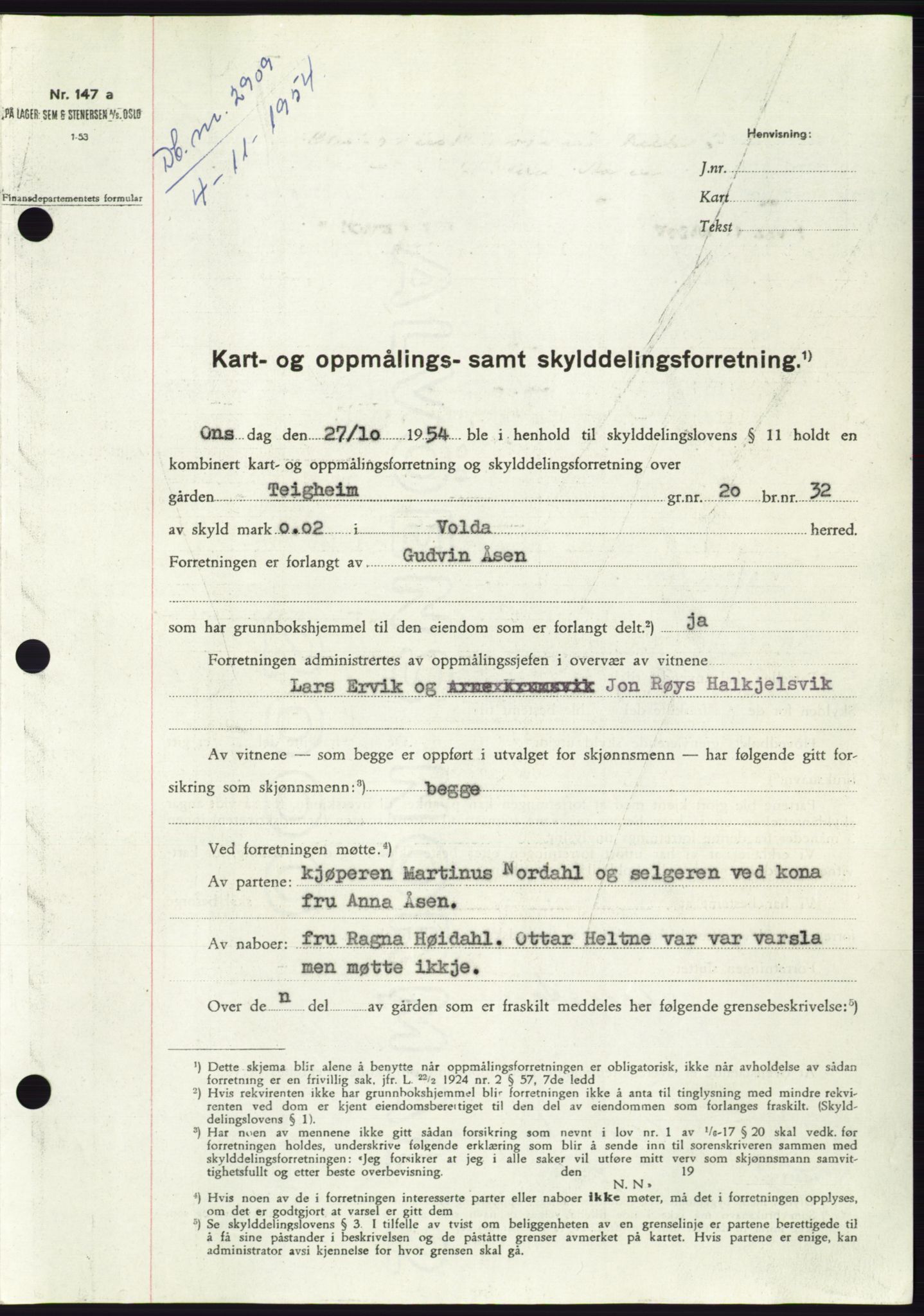 Søre Sunnmøre sorenskriveri, AV/SAT-A-4122/1/2/2C/L0099: Pantebok nr. 25A, 1954-1954, Dagboknr: 2909/1954