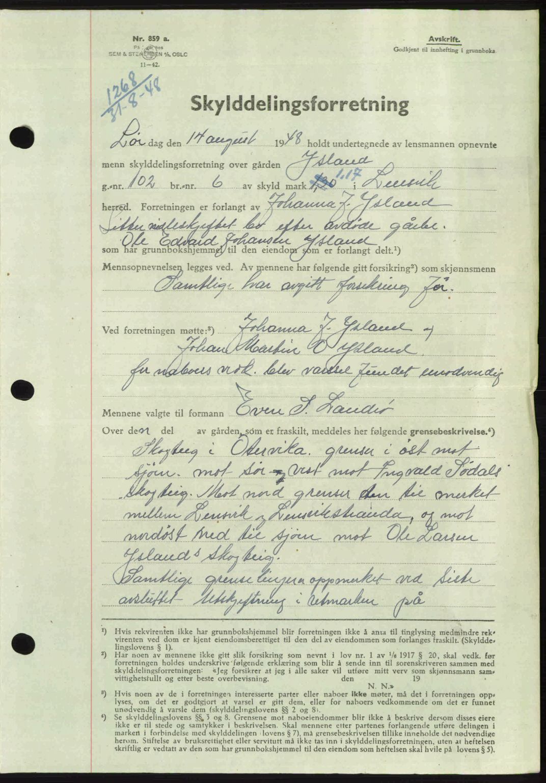 Fosen sorenskriveri, AV/SAT-A-1107/1/2/2C: Pantebok nr. A, 1946-1950, Dagboknr: 1268/1948