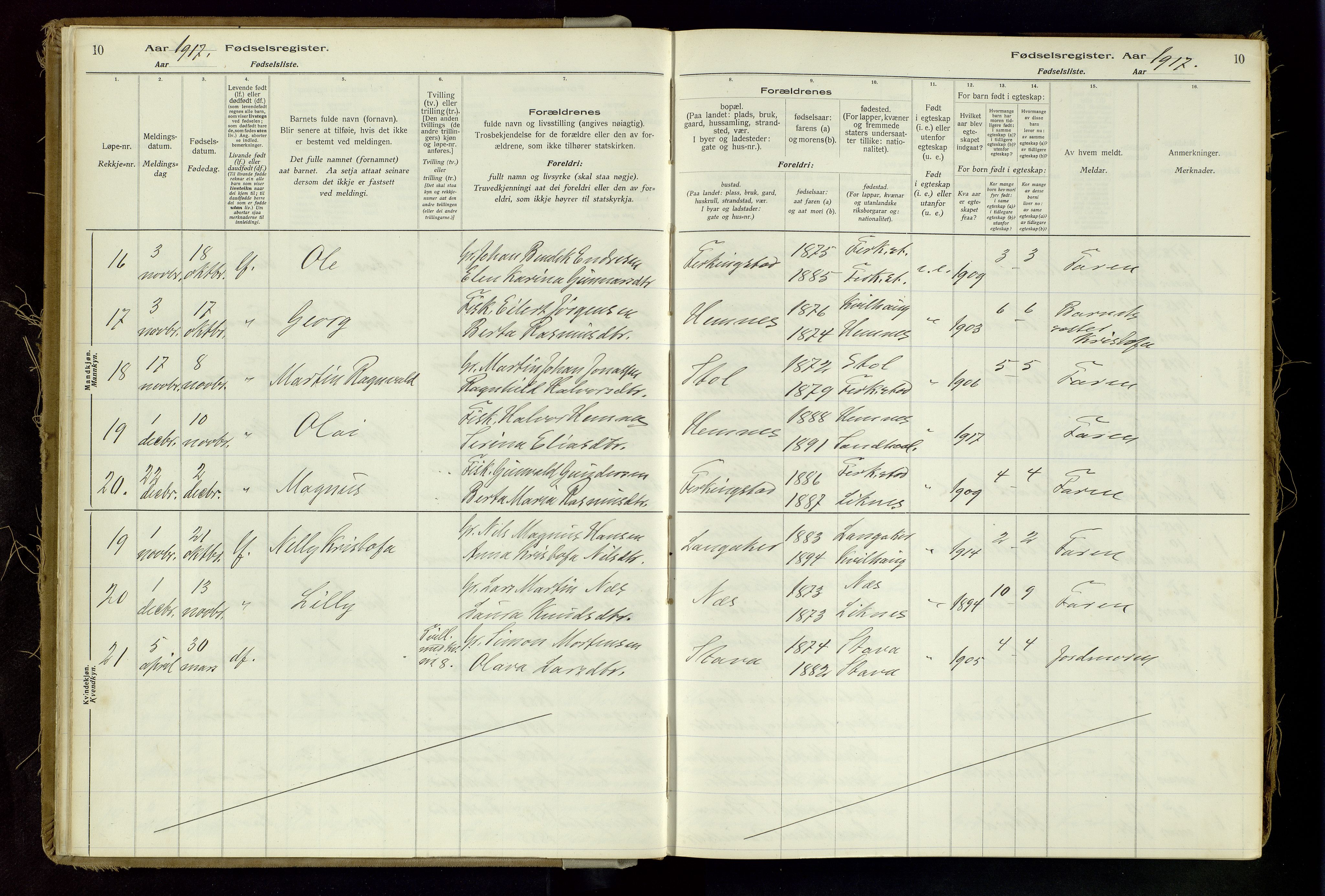 Skudenes sokneprestkontor, SAST/A -101849/I/Id/L0002: Fødselsregister nr. 2, 1916-1962, s. 10