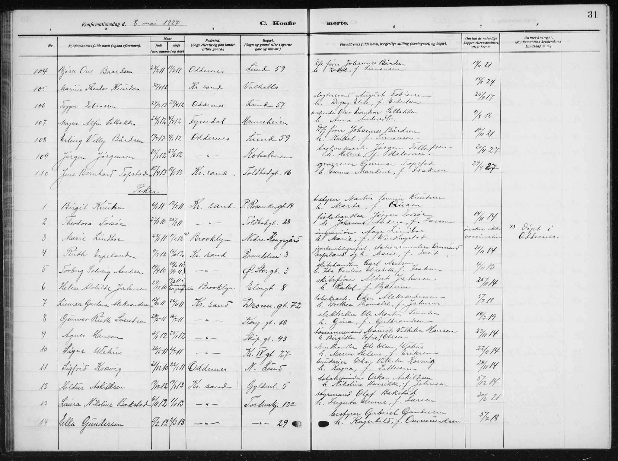 Kristiansand domprosti, AV/SAK-1112-0006/F/Fb/L0025: Klokkerbok nr. B 25, 1924-1934, s. 31