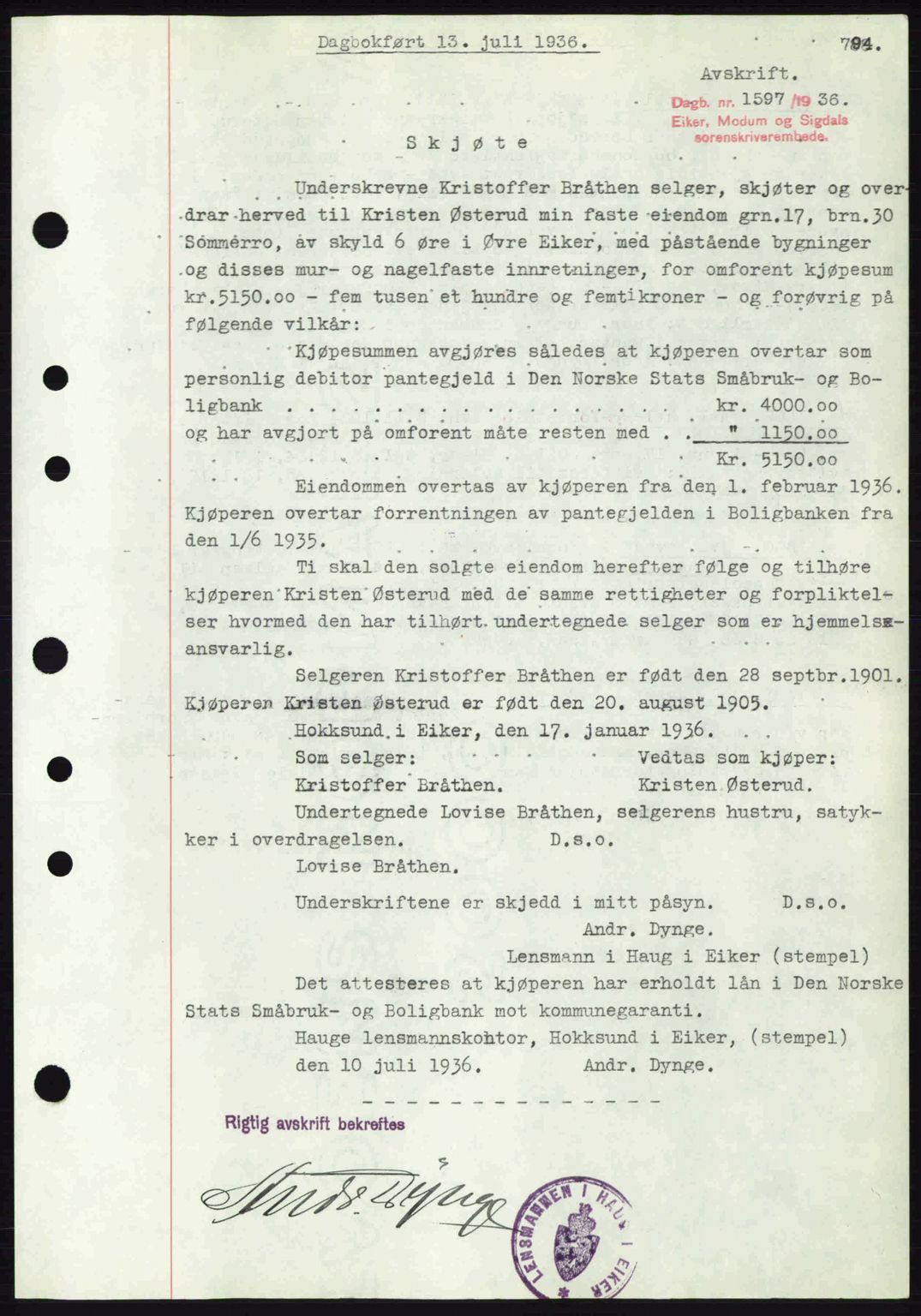 Eiker, Modum og Sigdal sorenskriveri, SAKO/A-123/G/Ga/Gab/L0032: Pantebok nr. A2, 1936-1936, Dagboknr: 1597/1936