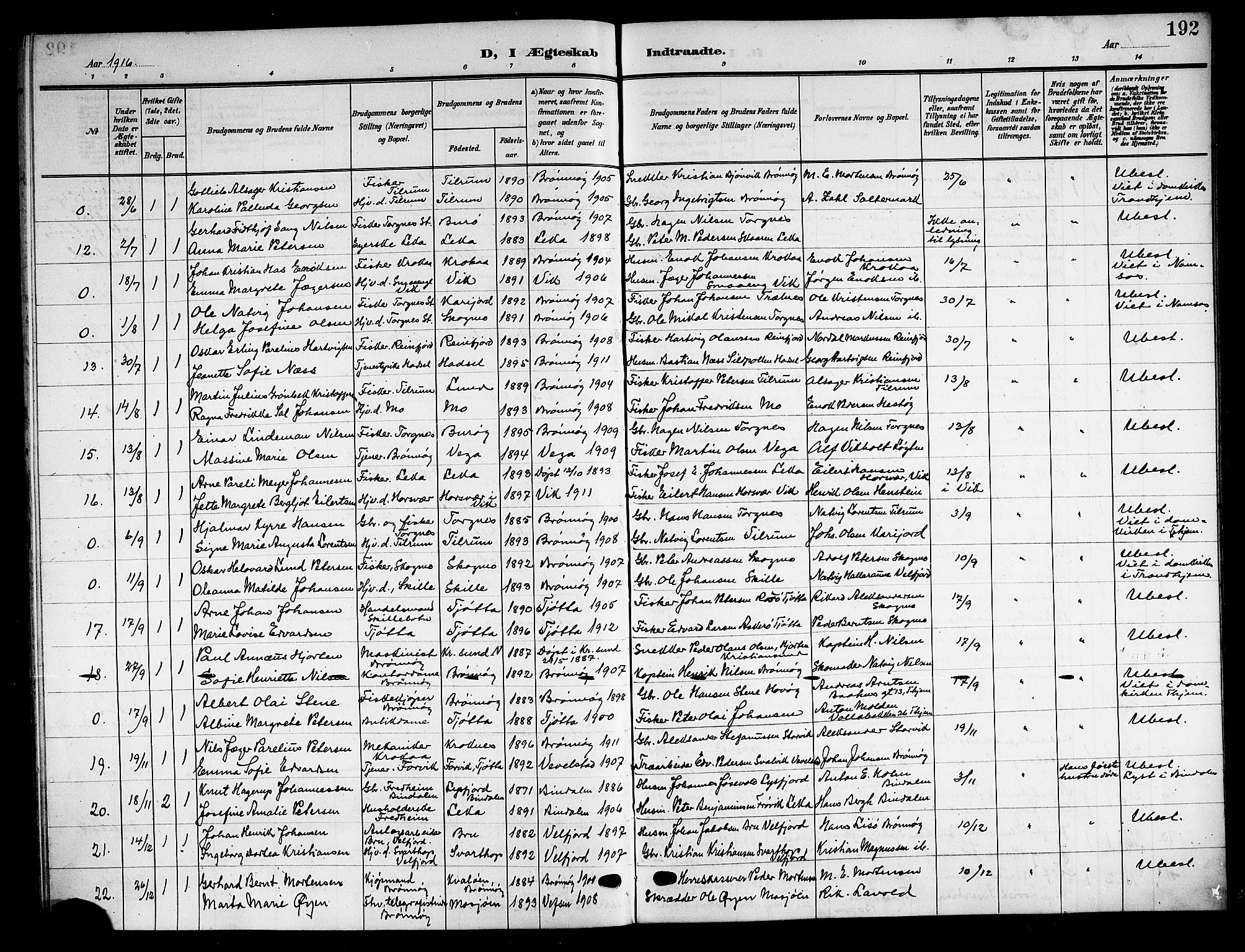 Ministerialprotokoller, klokkerbøker og fødselsregistre - Nordland, AV/SAT-A-1459/813/L0214: Klokkerbok nr. 813C06, 1904-1917, s. 192