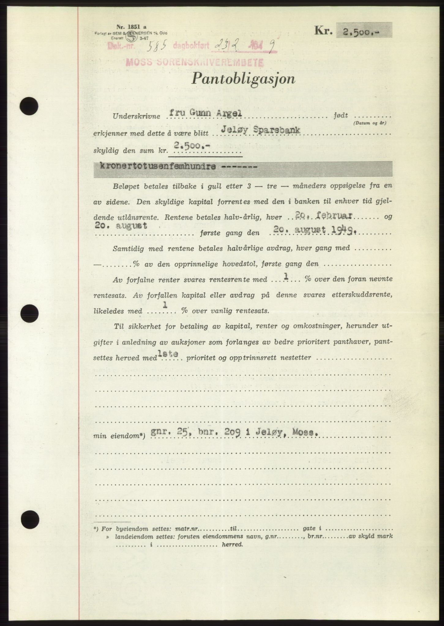 Moss sorenskriveri, SAO/A-10168: Pantebok nr. B21, 1949-1949, Dagboknr: 585/1949