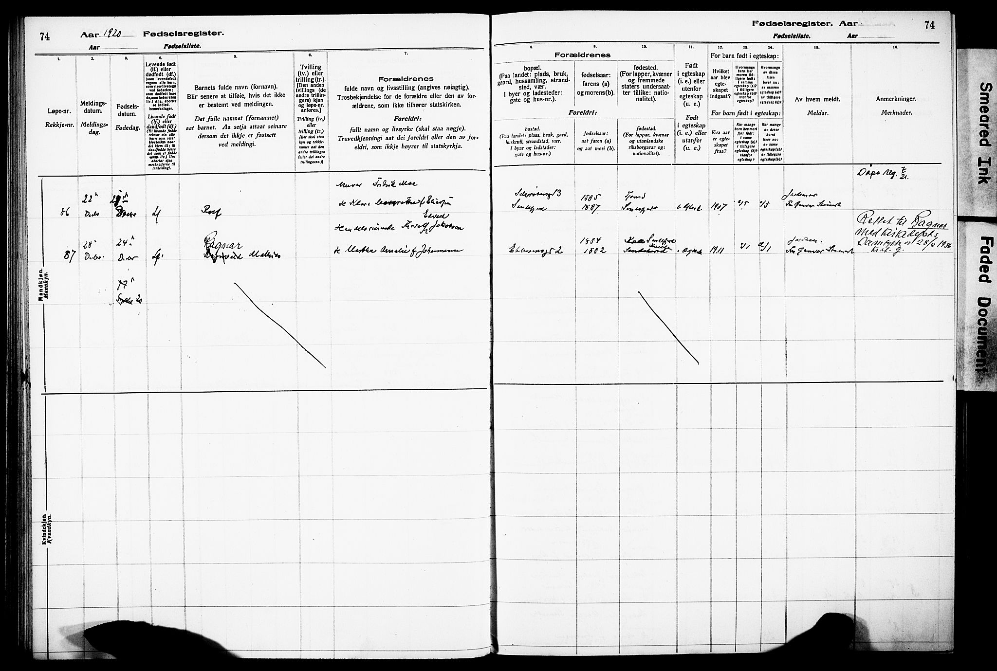 Sandefjord kirkebøker, AV/SAKO-A-315/J/Ja/L0001: Fødselsregister nr. 1, 1916-1932, s. 74