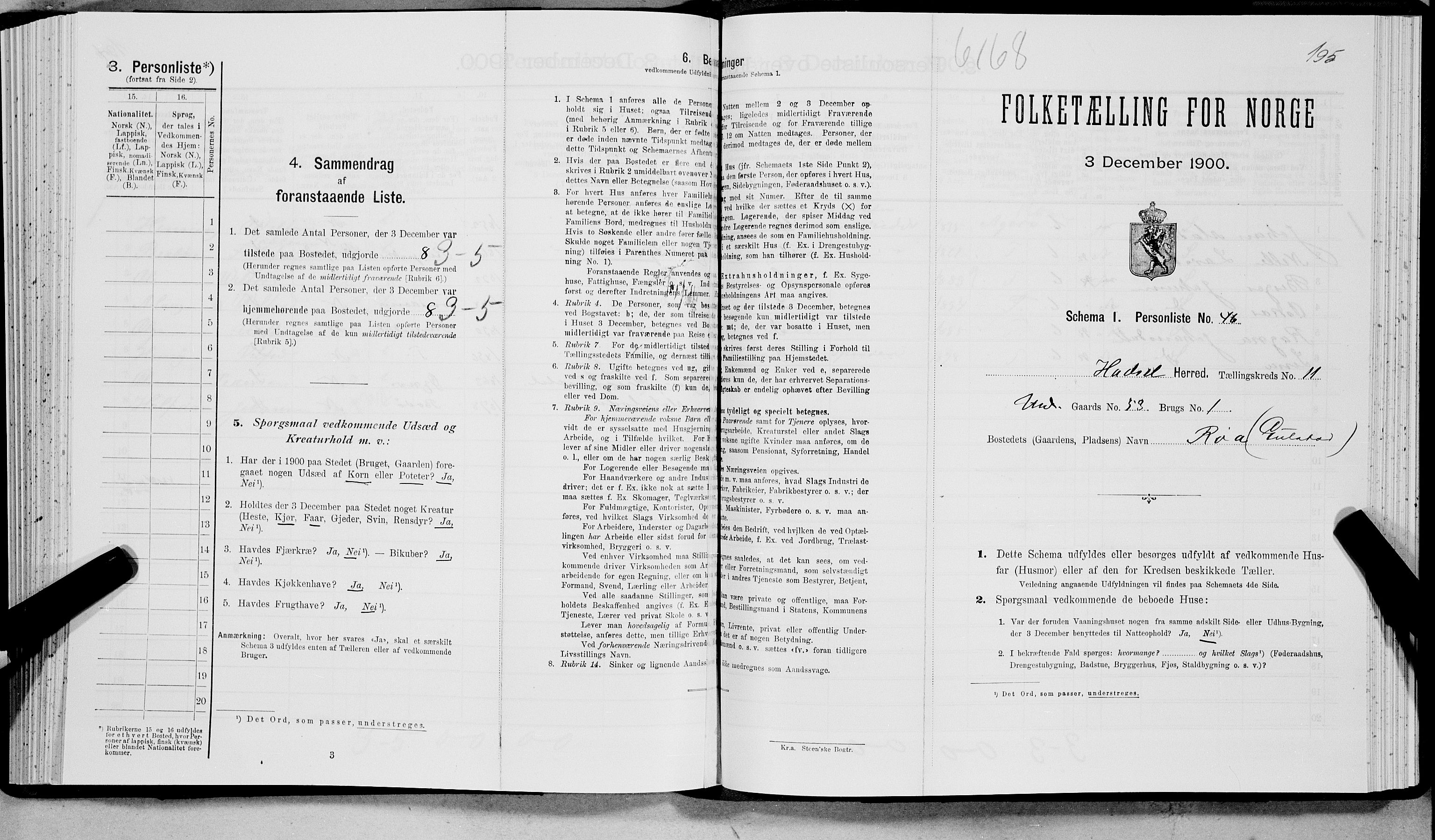 SAT, Folketelling 1900 for 1866 Hadsel herred, 1900, s. 1005
