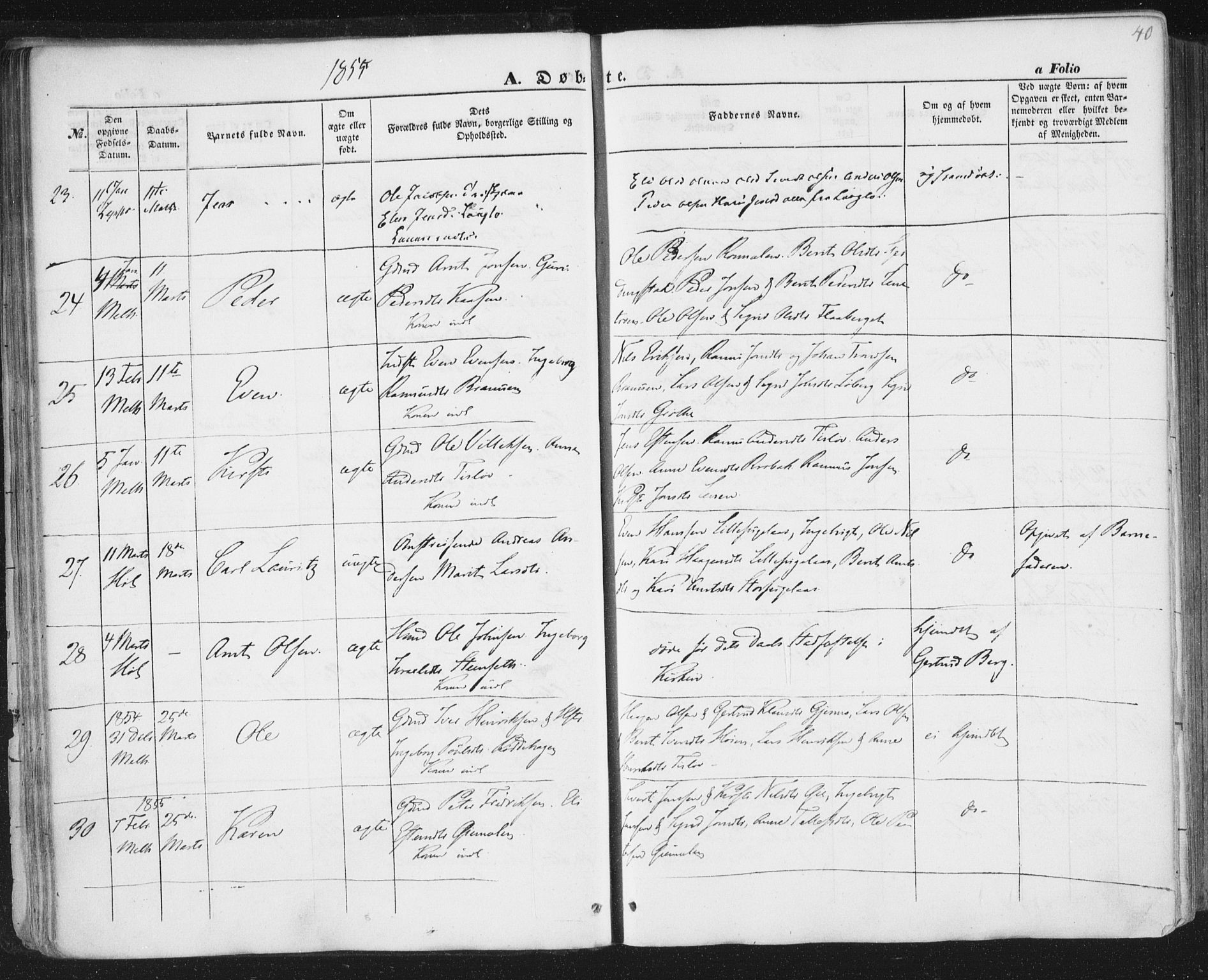 Ministerialprotokoller, klokkerbøker og fødselsregistre - Sør-Trøndelag, SAT/A-1456/691/L1076: Ministerialbok nr. 691A08, 1852-1861, s. 40