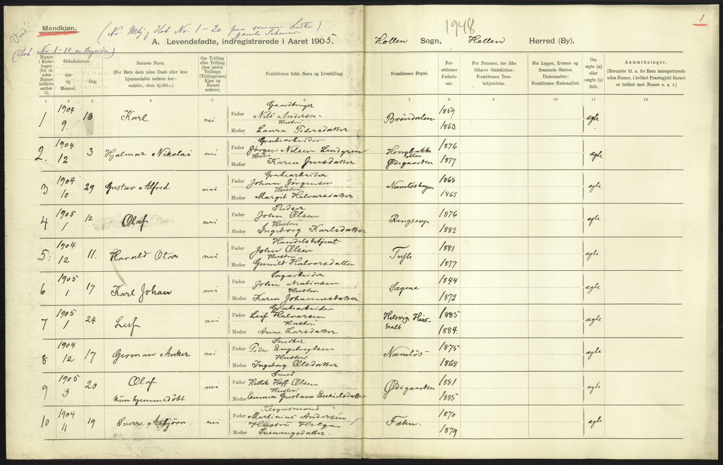 Statistisk sentralbyrå, Sosiodemografiske emner, Befolkning, AV/RA-S-2228/D/Df/Dfa/Dfac/L0016: Bratsberg amt: Fødte. Bygder., 1905, s. 1