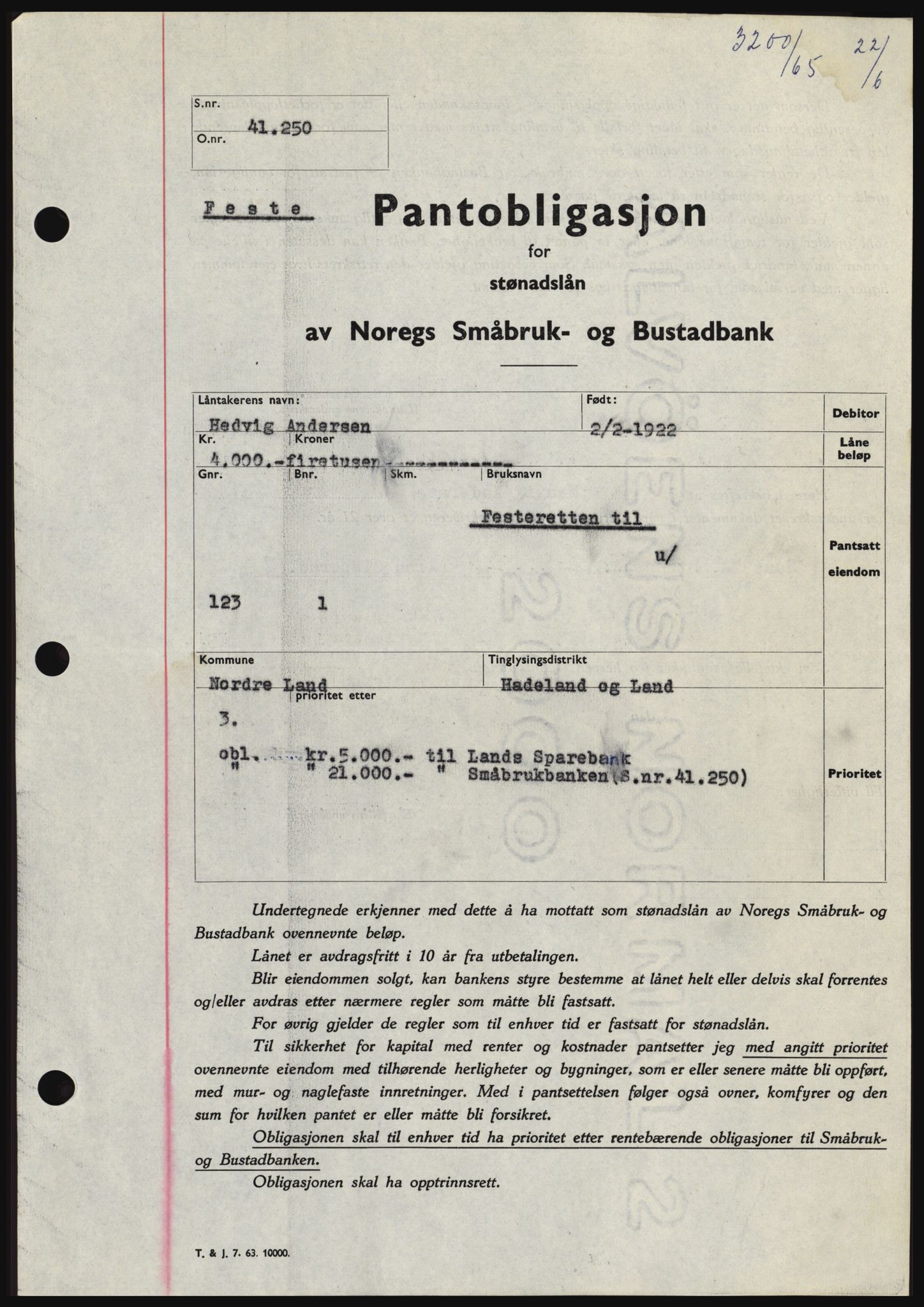 Hadeland og Land tingrett, SAH/TING-010/H/Hb/Hbc/L0059: Pantebok nr. B59, 1965-1965, Dagboknr: 3200/1965