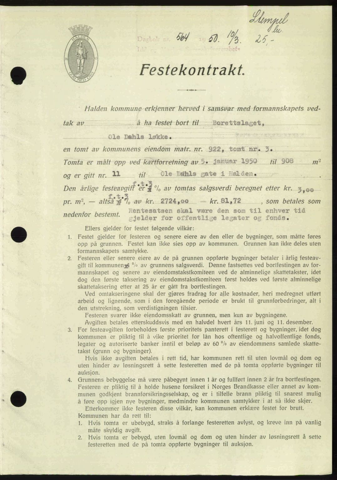 Idd og Marker sorenskriveri, AV/SAO-A-10283/G/Gb/Gbb/L0014: Pantebok nr. A14, 1950-1950, Dagboknr: 564/1950