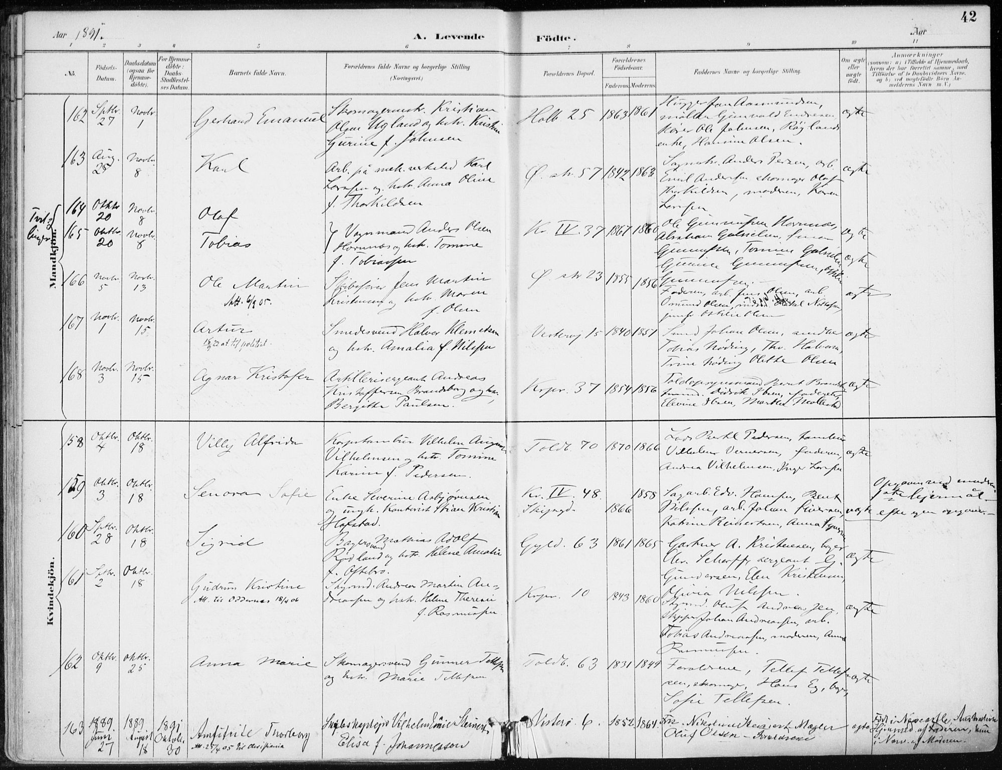 Kristiansand domprosti, AV/SAK-1112-0006/F/Fa/L0019: Ministerialbok nr. A 18, 1890-1897, s. 42
