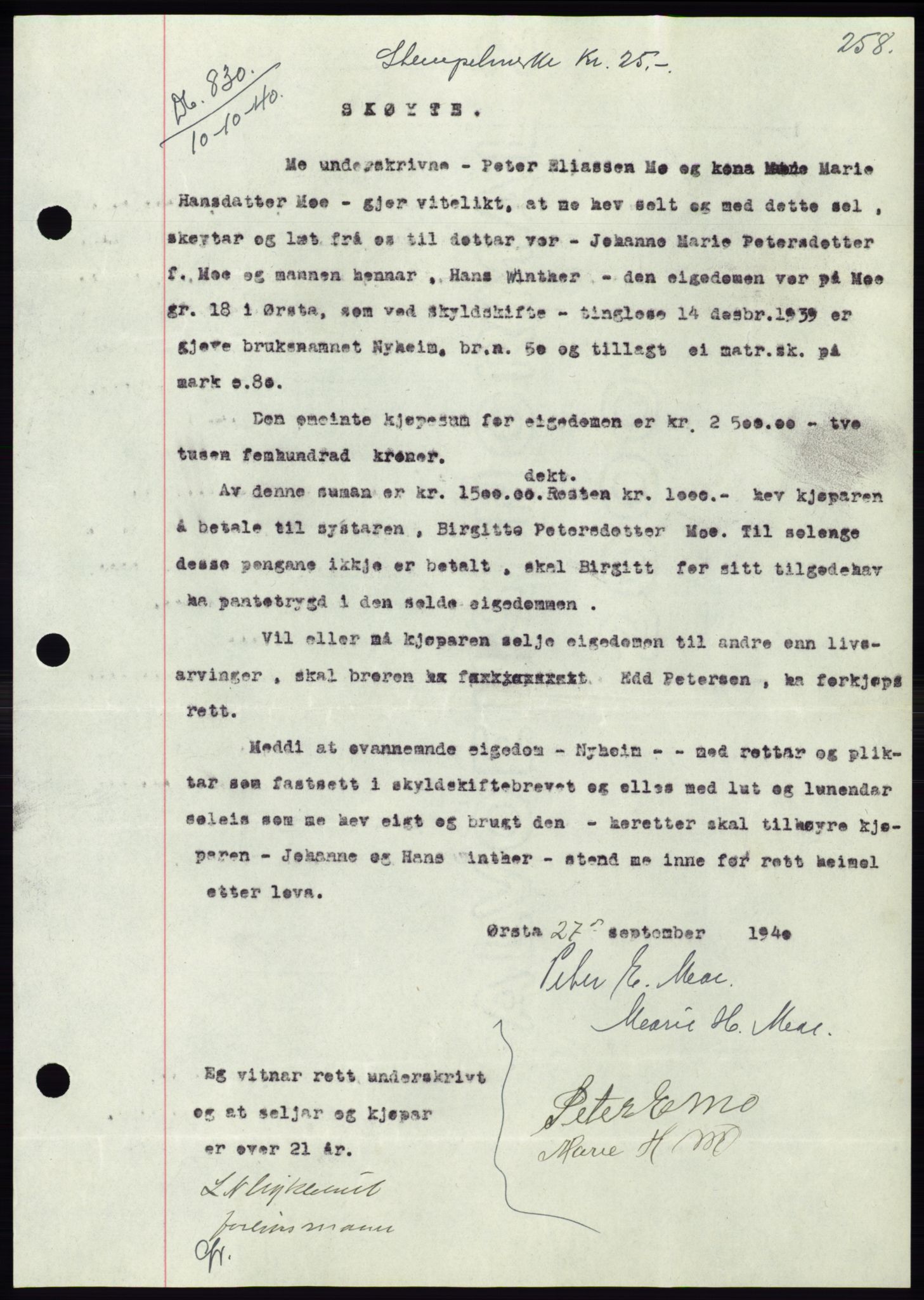 Søre Sunnmøre sorenskriveri, AV/SAT-A-4122/1/2/2C/L0070: Pantebok nr. 64, 1940-1941, Dagboknr: 830/1940