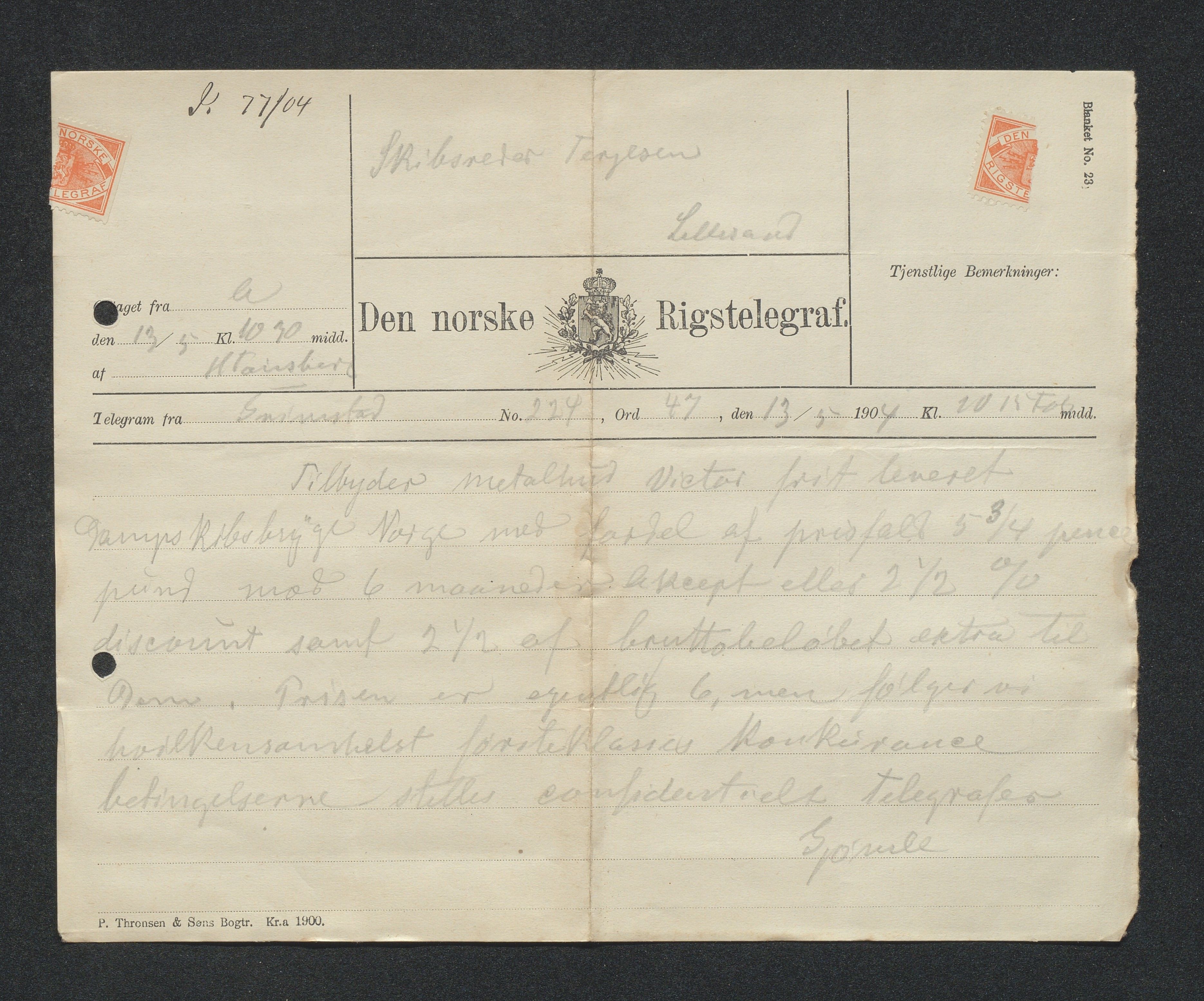 O. Terjesens rederi, AAKS/PA-2525/E/E01/L0013: Korrespondanse, 1904-1905