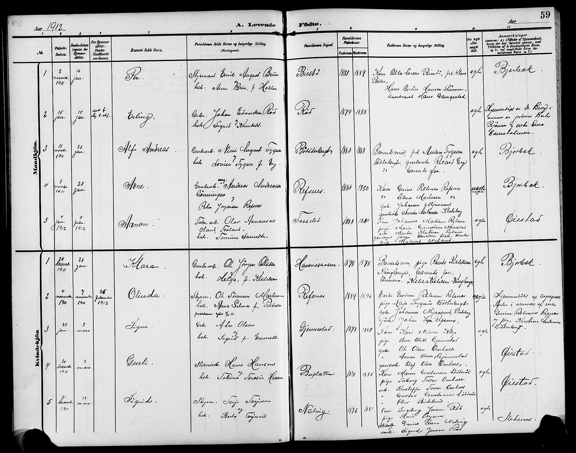 Øyestad sokneprestkontor, AV/SAK-1111-0049/F/Fb/L0011: Klokkerbok nr. B 11, 1906-1918, s. 59